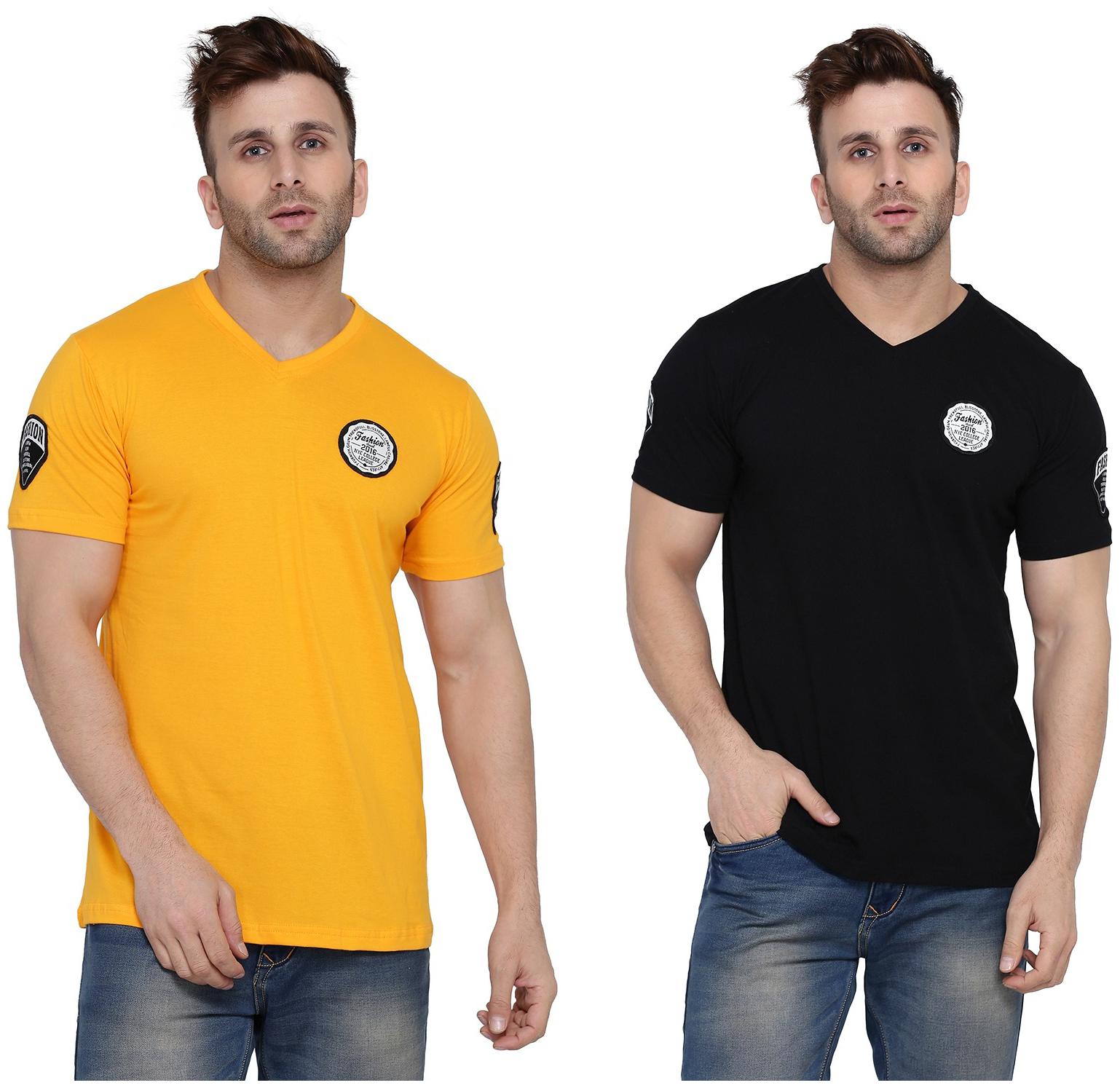 

Geum Men Yellow Black Slim fit Cotton Blend V neck T-Shirt - Pack Of 2