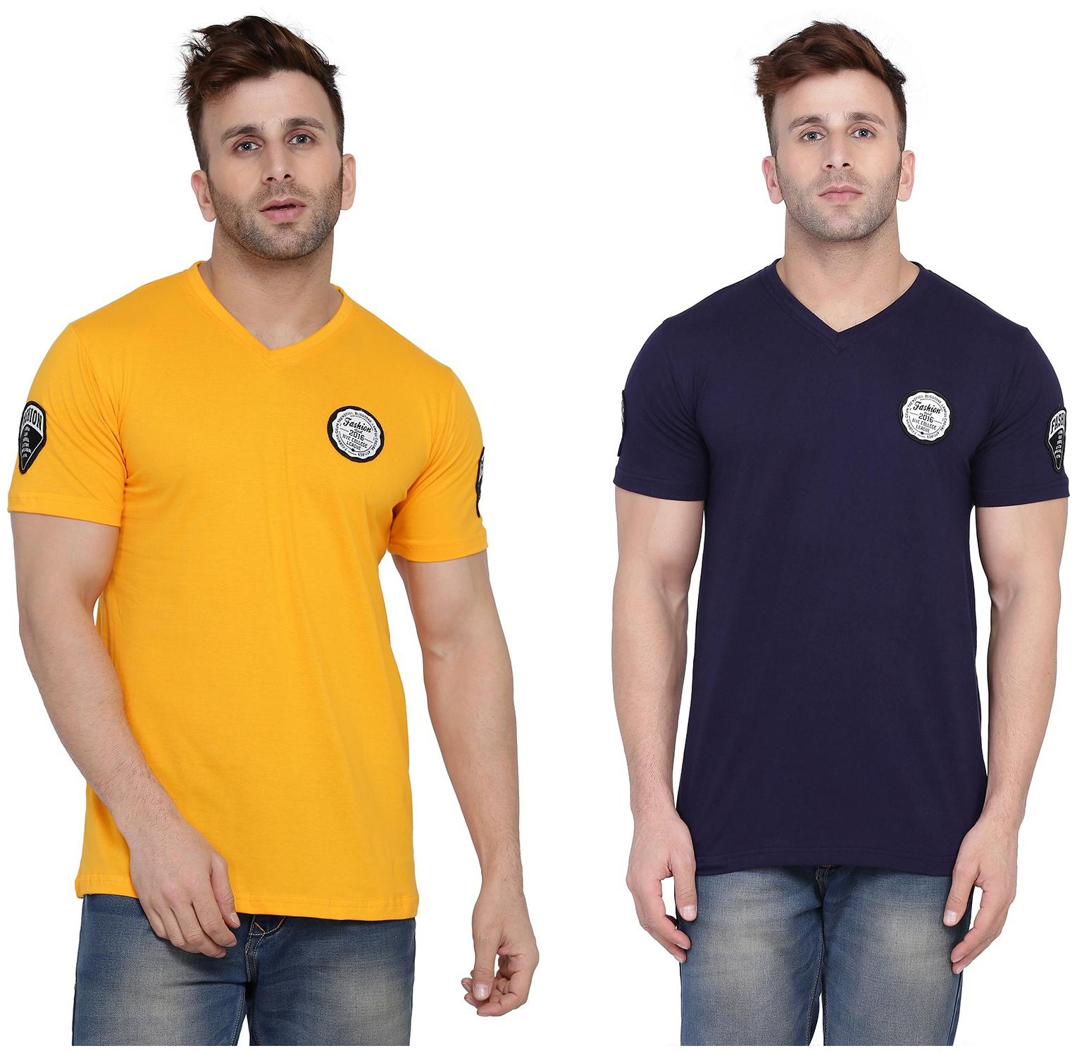 

Geum Men Yellow Navy blue Slim fit Cotton Blend V neck T-Shirt - Pack Of 2