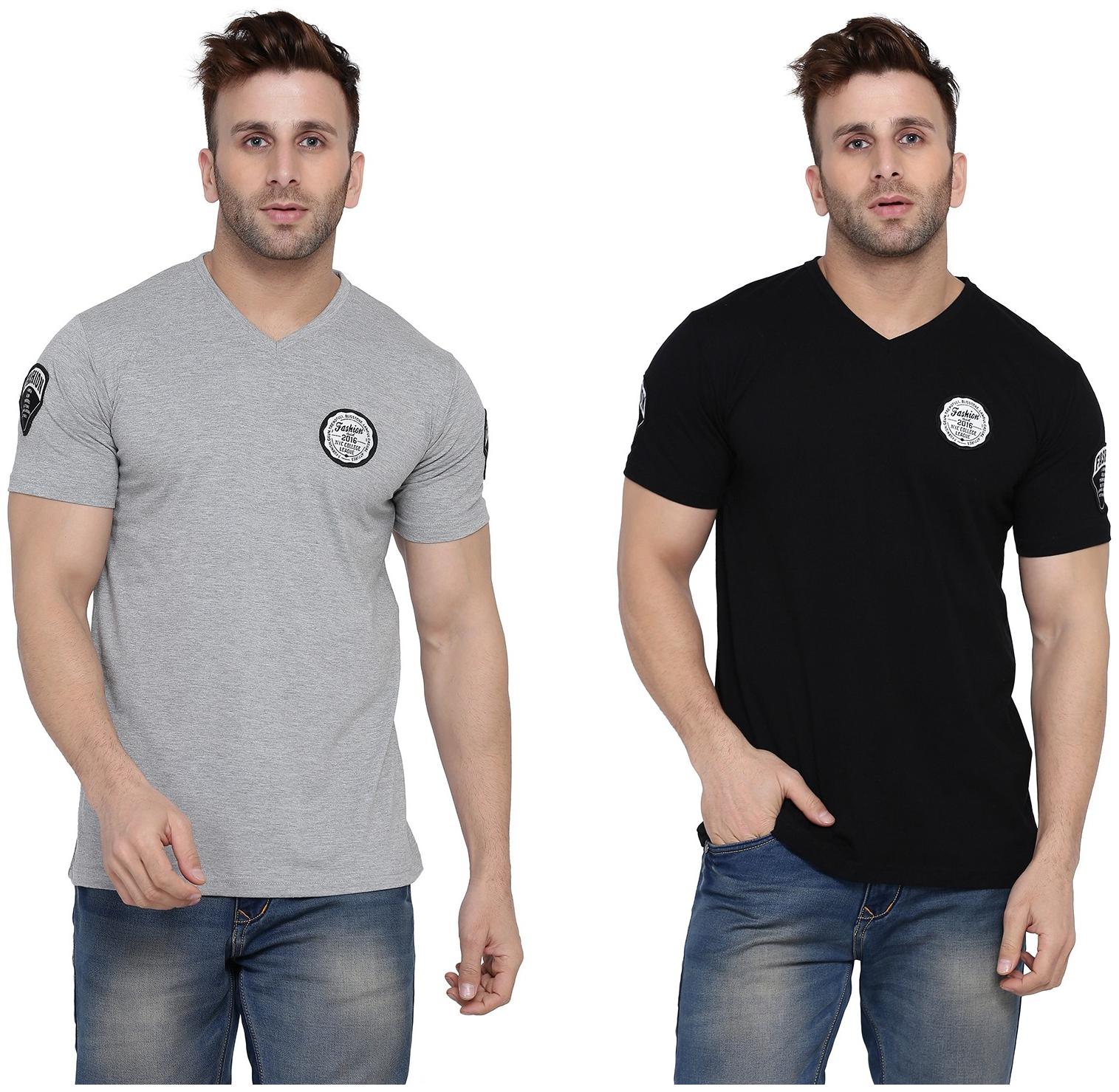 

Geum Men Grey Black Slim fit Cotton Blend V neck T-Shirt - Pack Of 2