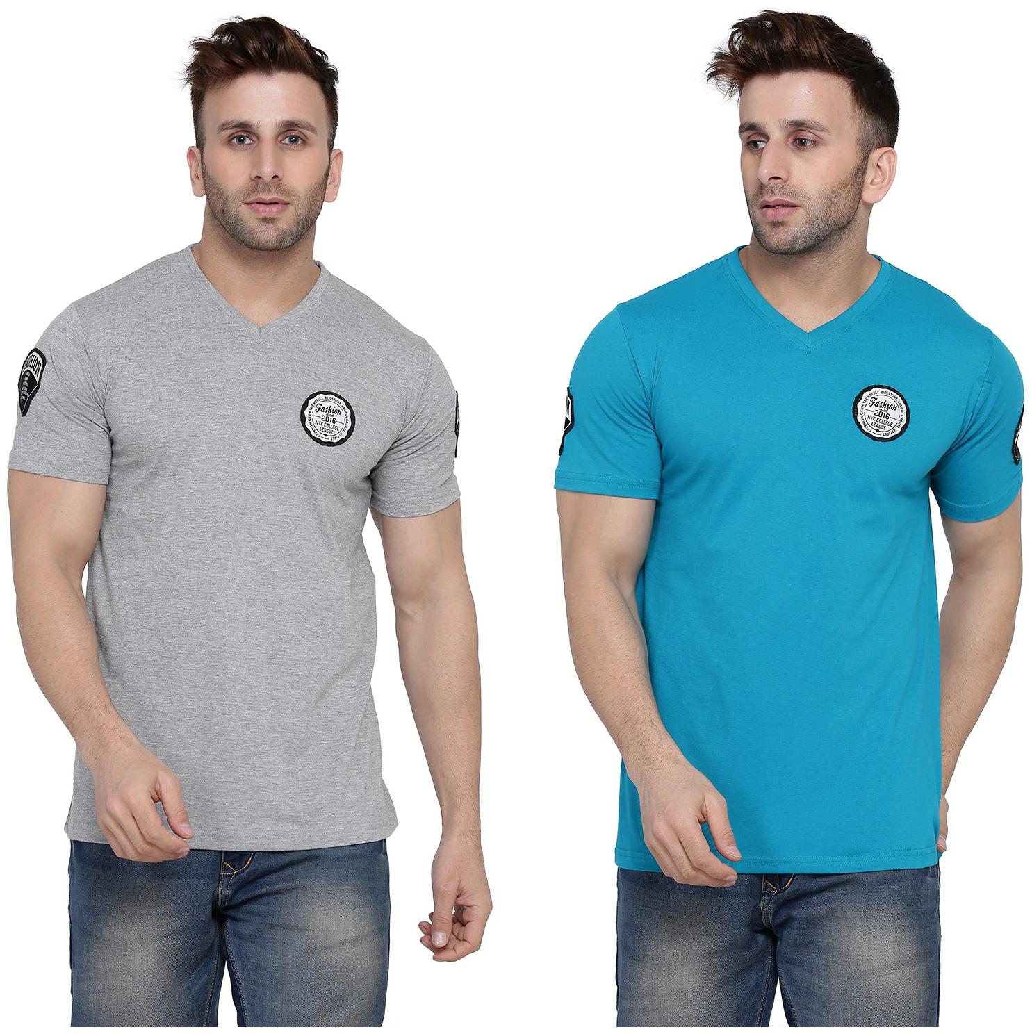 

Geum Men Grey Turquoise Slim fit Cotton Blend V neck T-Shirt - Pack Of 2