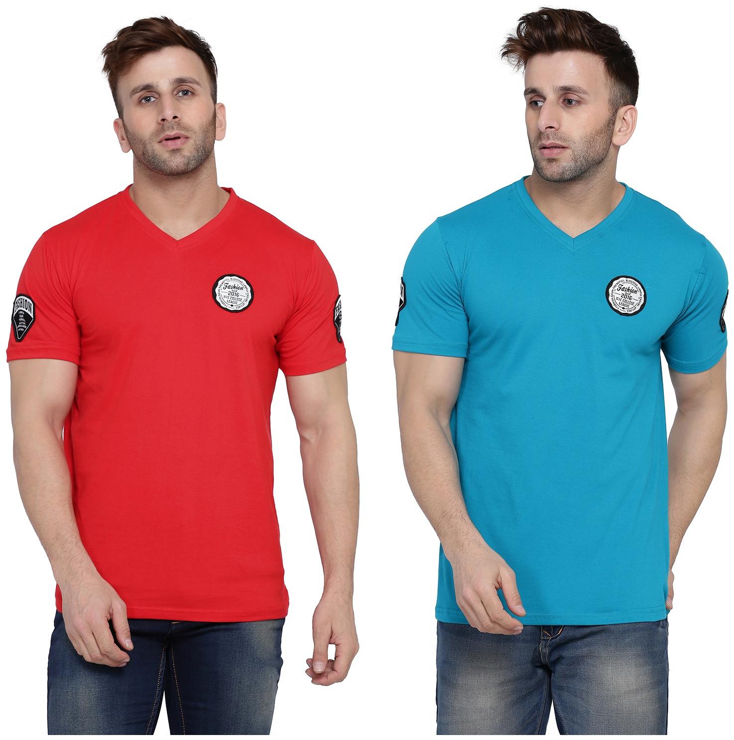 

Geum Men Red Turquoise Slim fit Cotton Blend V neck T-Shirt - Pack Of 2