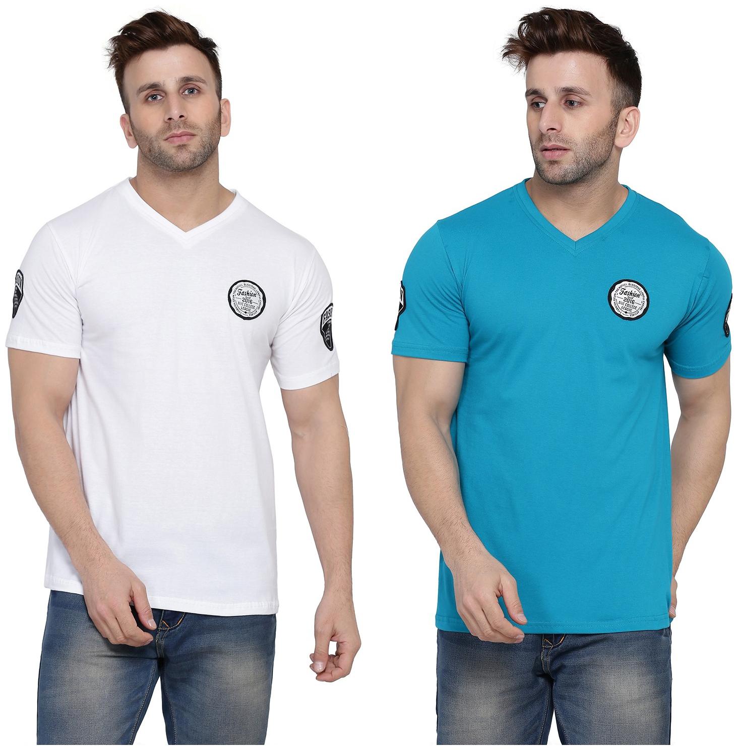 

Geum Men White Turquoise Slim fit Cotton Blend V neck T-Shirt - Pack Of 2