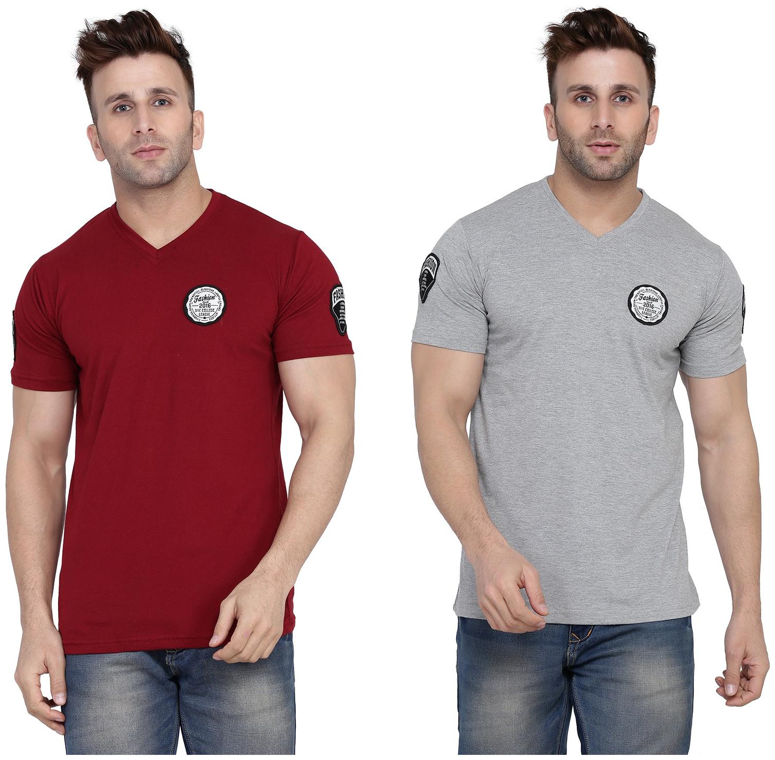 

Geum Men Maroon Grey Slim fit Cotton Blend V neck T-Shirt - Pack Of 2