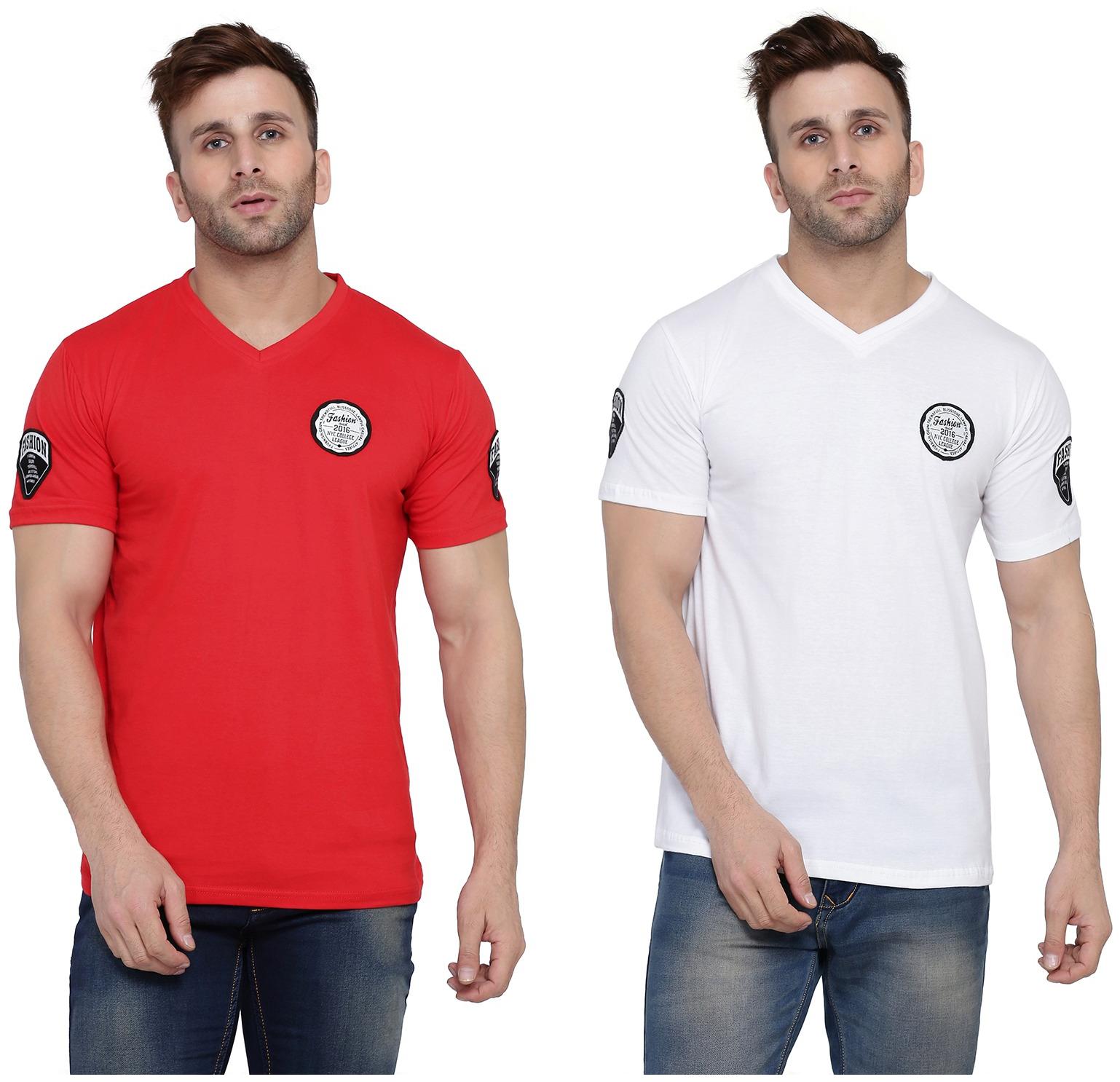 

Geum Men Red White Slim fit Cotton Blend V neck T-Shirt - Pack Of 2