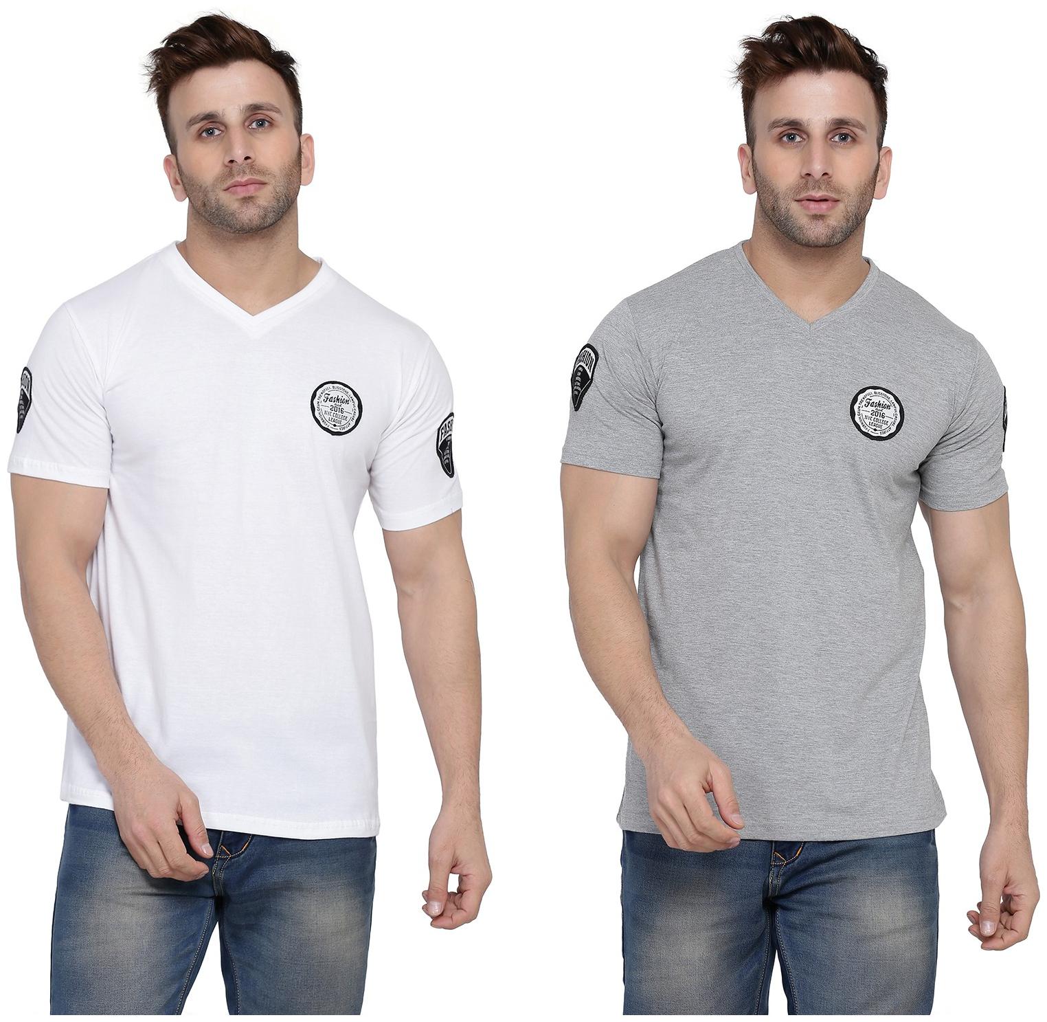 

Geum Men White Grey Slim fit Cotton Blend V neck T-Shirt - Pack Of 2