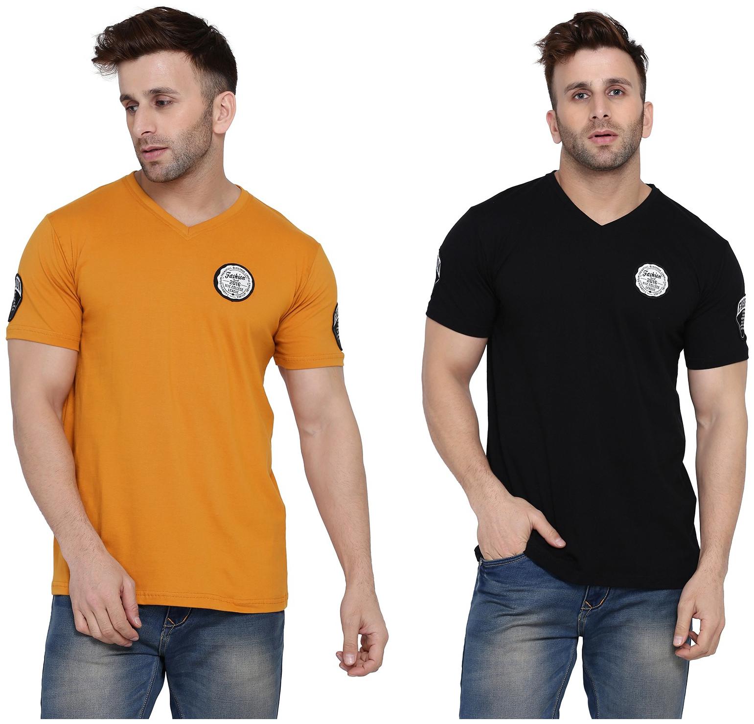 

Geum Men Mustard Black Slim fit Cotton Blend V neck T-Shirt - Pack Of 2