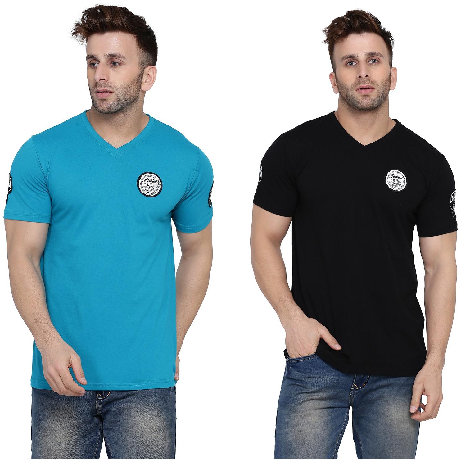 

Geum Men Turquoise Black Slim fit Cotton Blend V neck T-Shirt - Pack Of 2