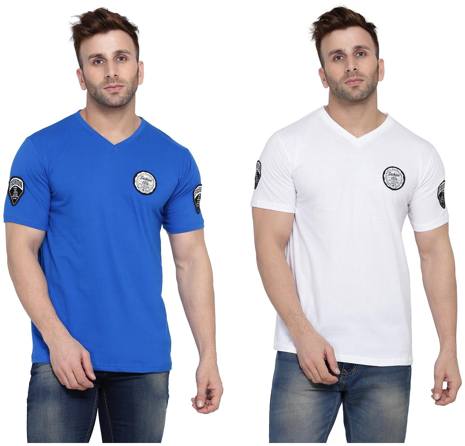 

Geum Men Blue White Slim fit Cotton Blend V neck T-Shirt - Pack Of 2