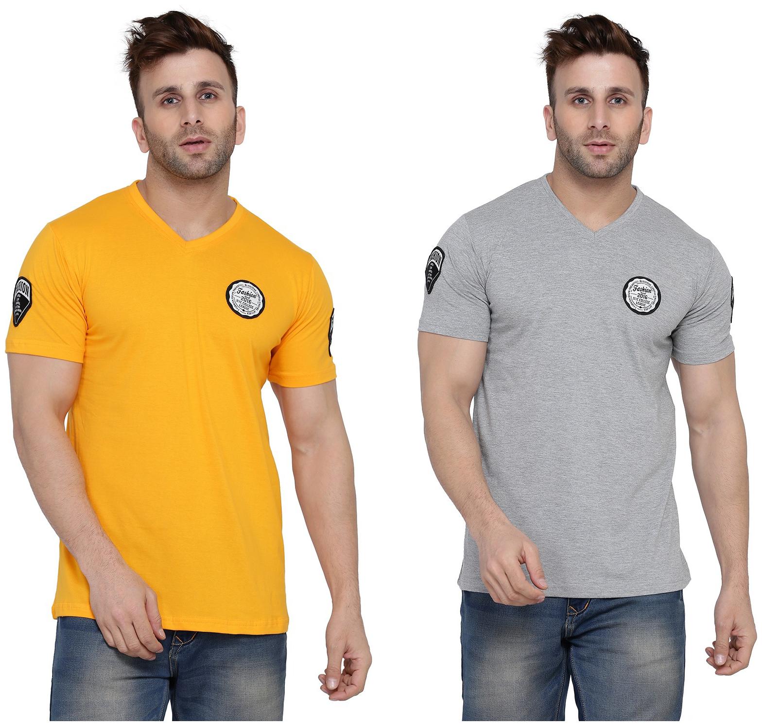 

Geum Men Yellow Grey Slim fit Cotton Blend V neck T-Shirt - Pack Of 2