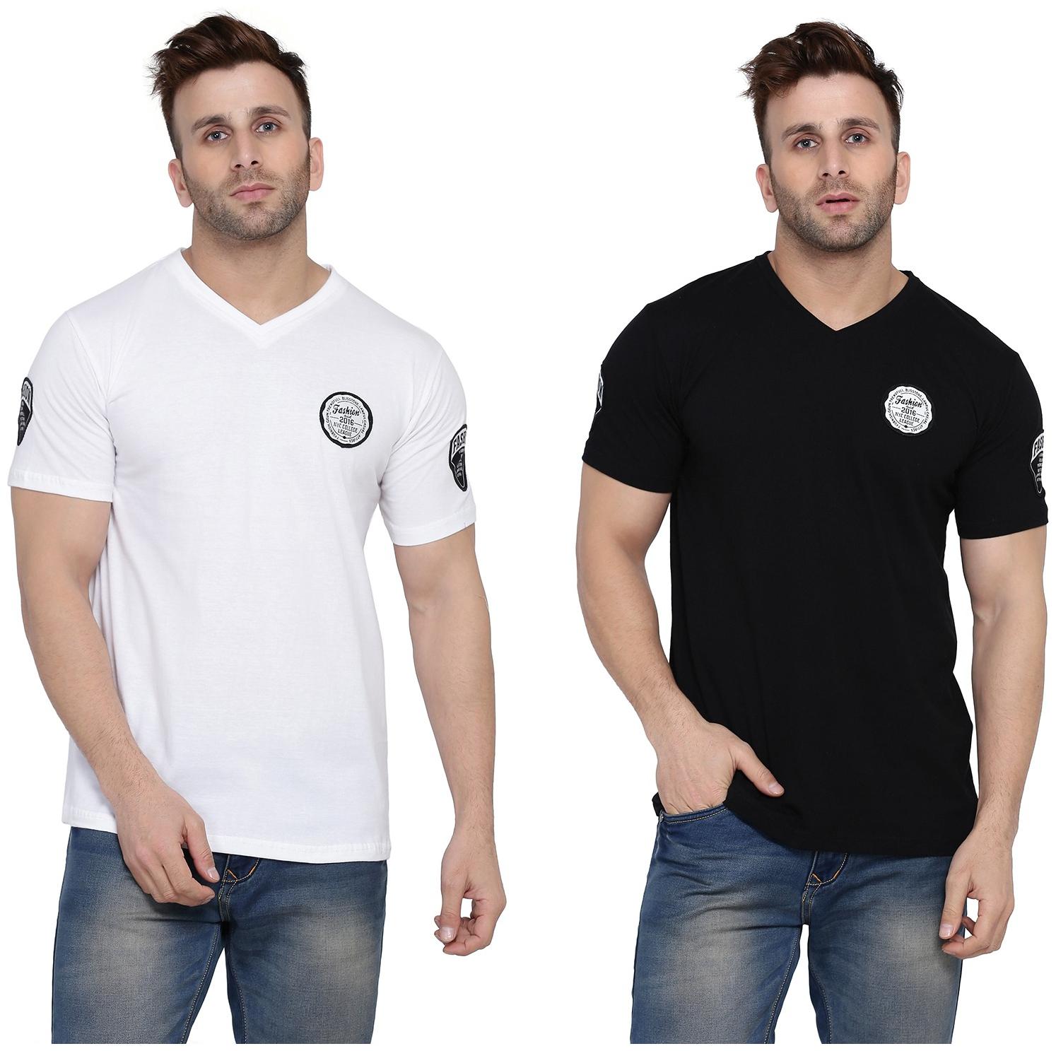 

Geum Men White Black Slim fit Cotton Blend V neck T-Shirt - Pack Of 2