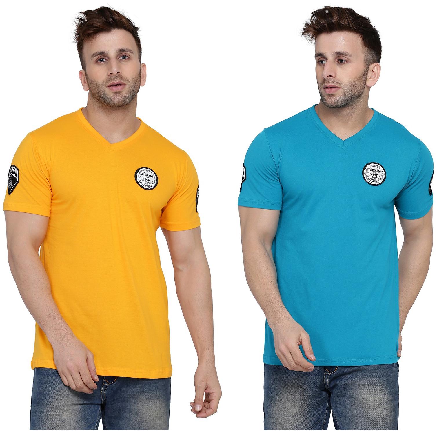 

Geum Men Yellow Turquoise Slim fit Cotton Blend V neck T-Shirt - Pack Of 2