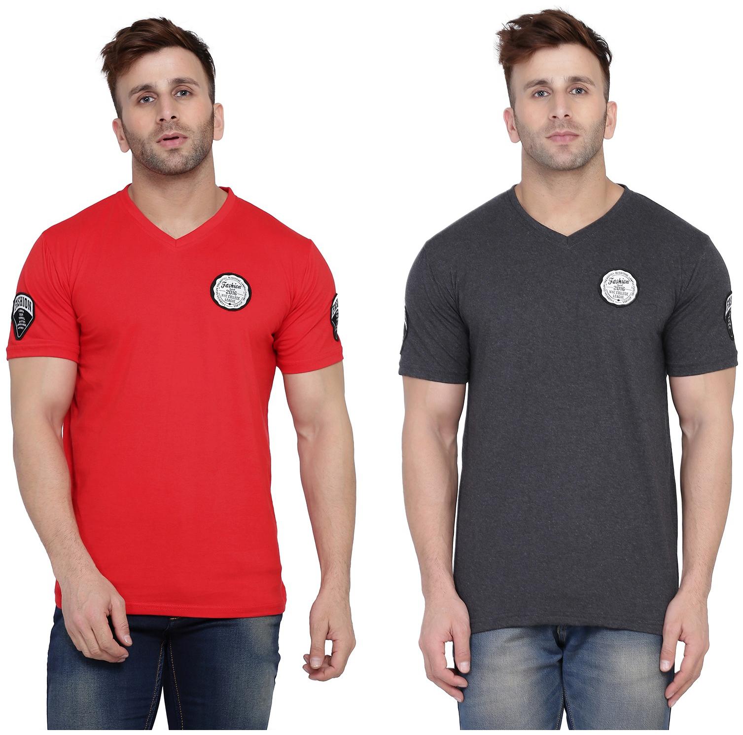 

Geum Men Red Grey Slim fit Cotton Blend V neck T-Shirt - Pack Of 2