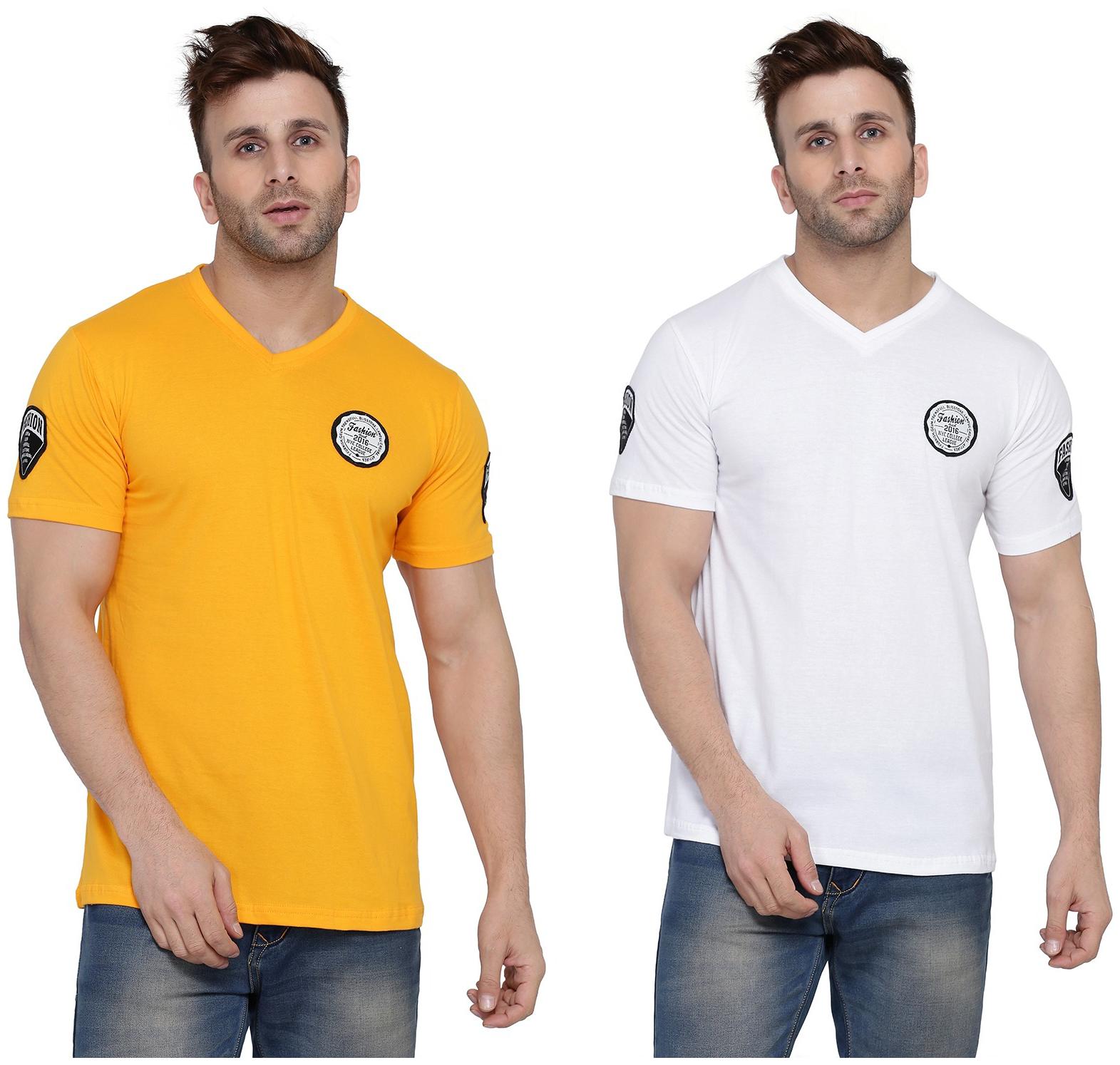 

Geum Men Yellow White Slim fit Cotton Blend V neck T-Shirt - Pack Of 2