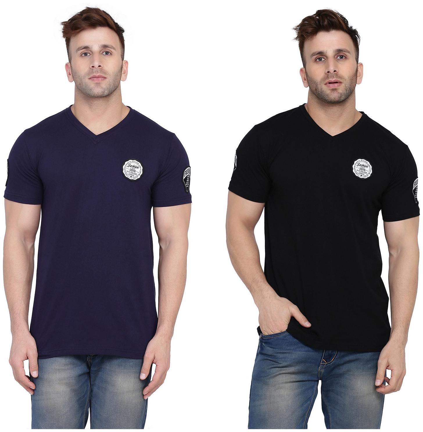 

Geum Men Navy blue Black Slim fit Cotton Blend V neck T-Shirt - Pack Of 2