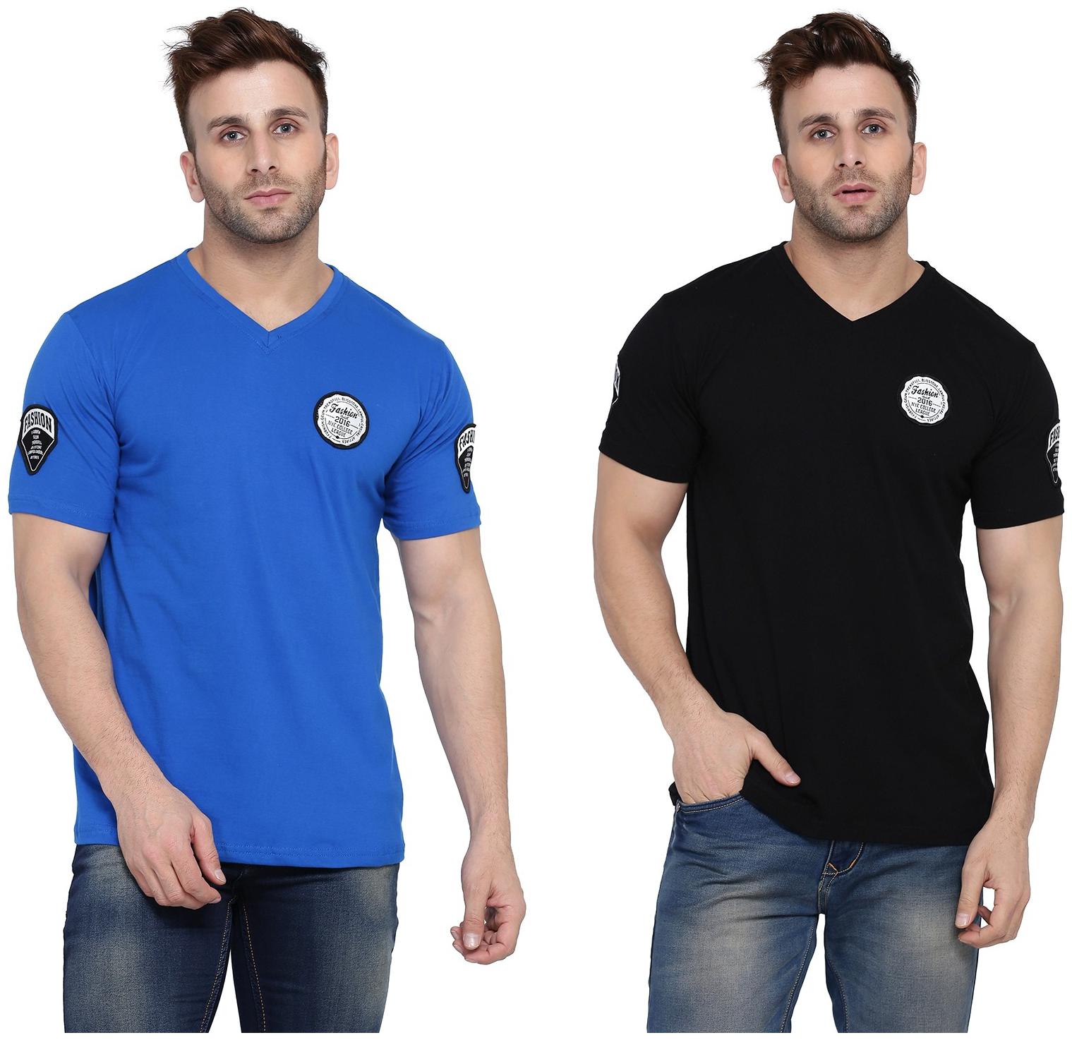 

Geum Men Blue Black Slim fit Cotton Blend V neck T-Shirt - Pack Of 2