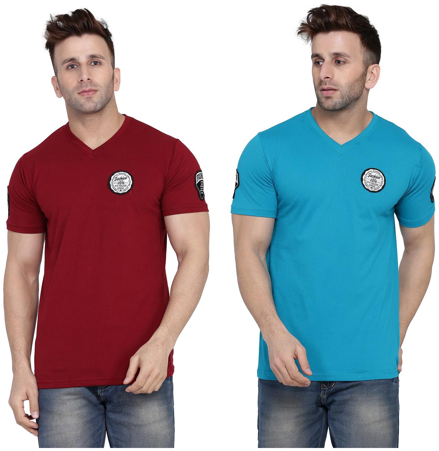 

Geum Men Maroon Turquoise Slim fit Cotton Blend V neck T-Shirt - Pack Of 2