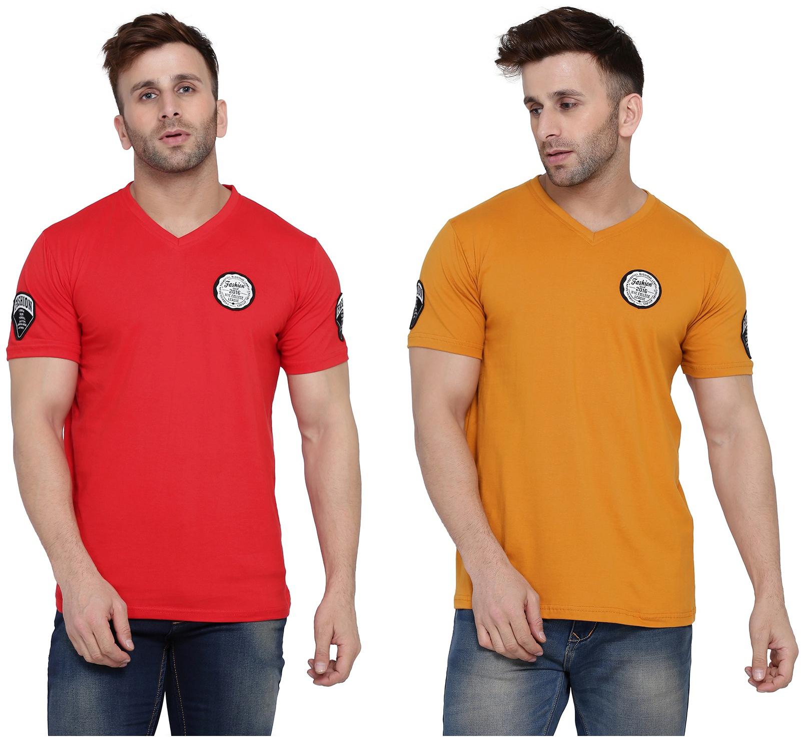

Geum Men Red Mustard Slim fit Cotton Blend V neck T-Shirt - Pack Of 2