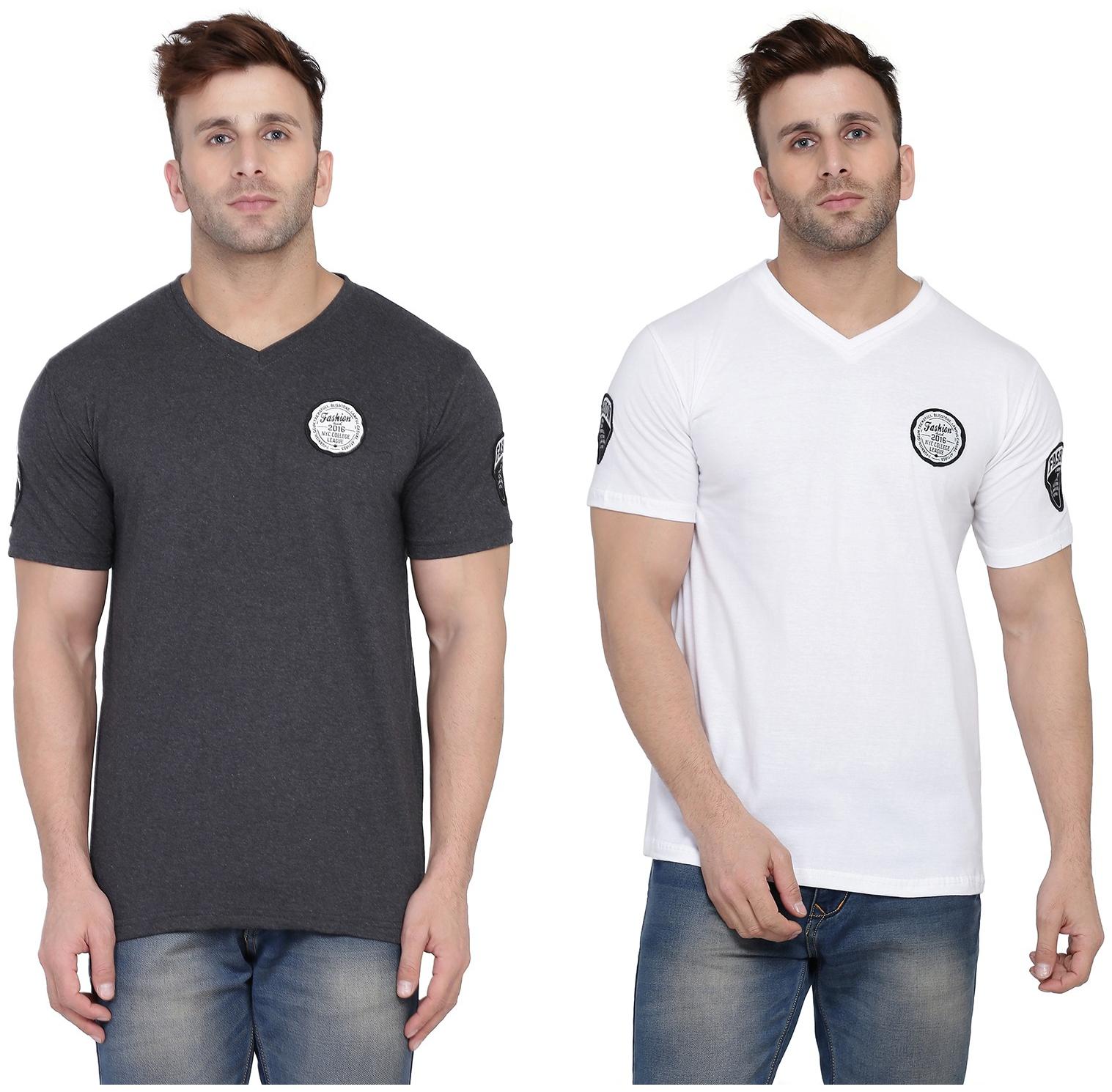 

Geum Men Grey White Slim fit Cotton Blend V neck T-Shirt - Pack Of 2