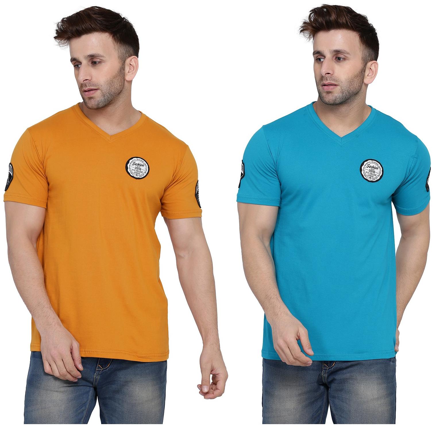 

Geum Men Mustard Turquoise Slim fit Cotton Blend V neck T-Shirt - Pack Of 2