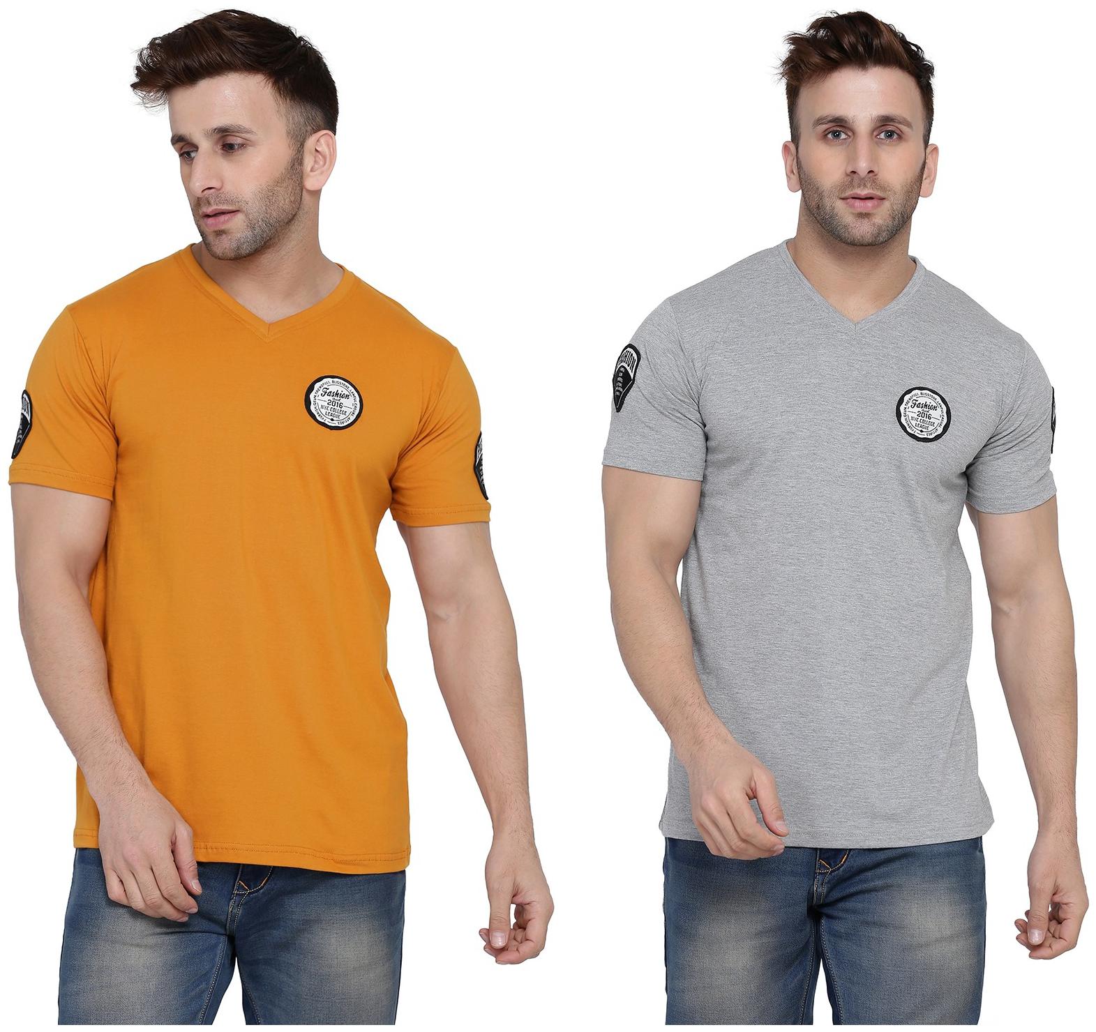

Geum Men Mustard Grey Slim fit Cotton Blend V neck T-Shirt - Pack Of 2