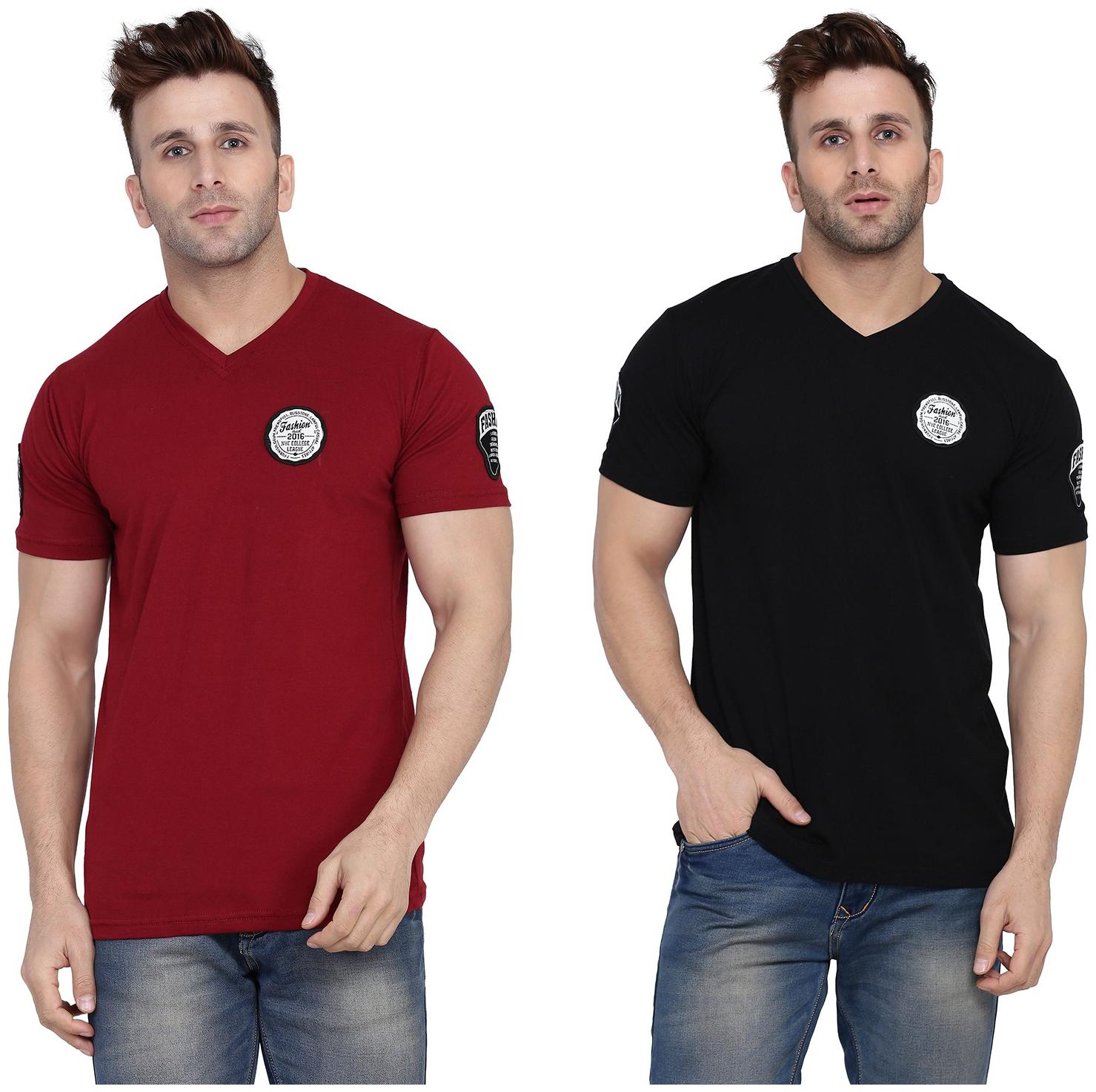 

Geum Men Maroon Black Slim fit Cotton Blend V neck T-Shirt - Pack Of 2