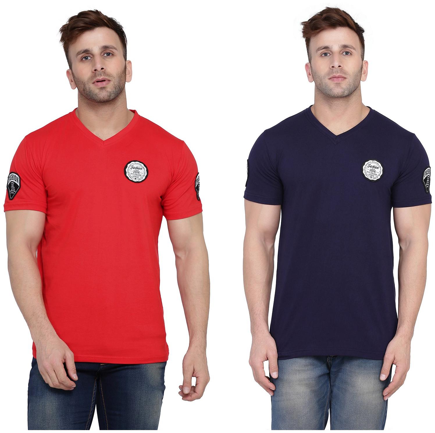 

Geum Men Red Navy blue Slim fit Cotton Blend V neck T-Shirt - Pack Of 2