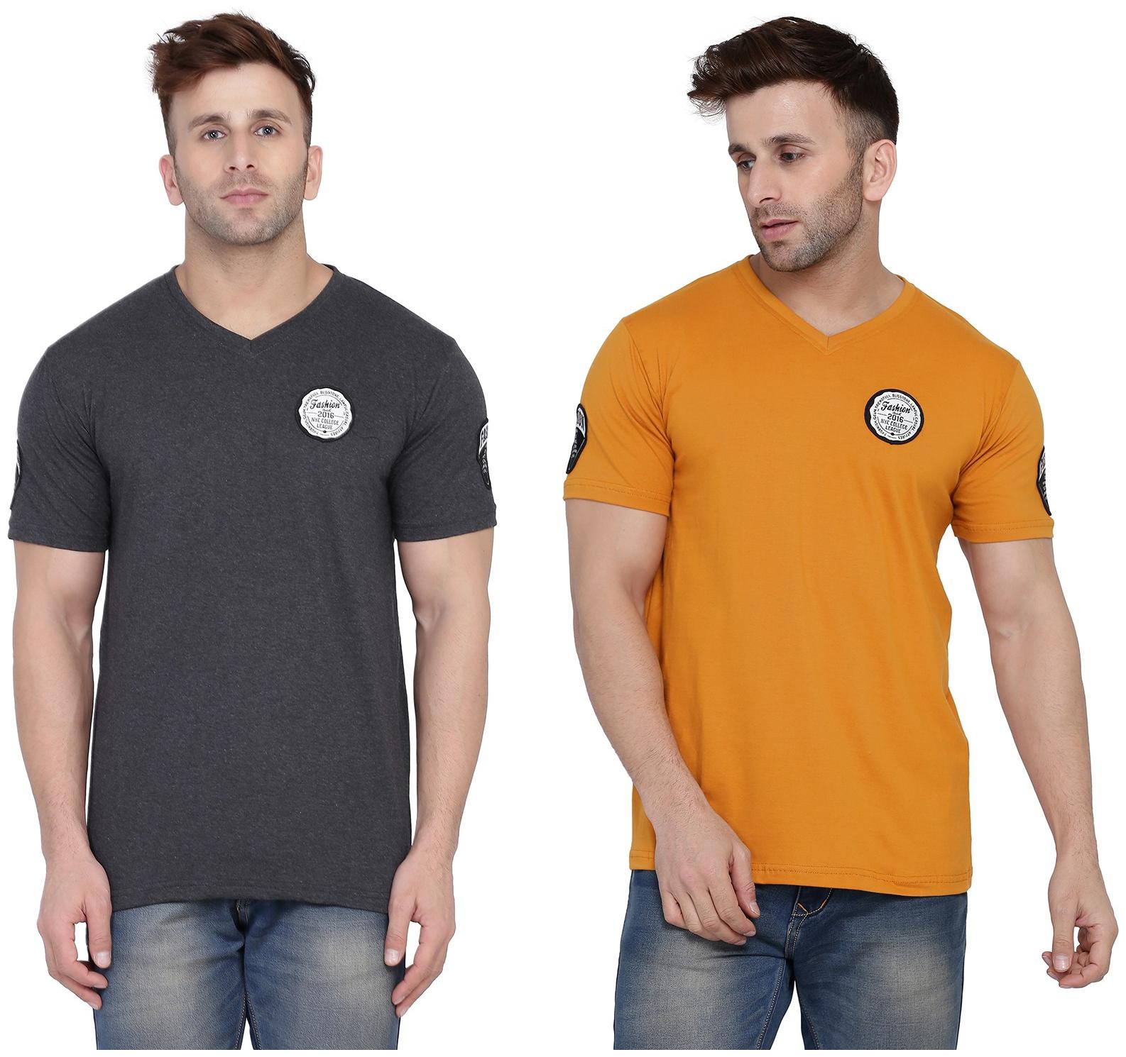 

Geum Men Grey Mustard Slim fit Cotton Blend V neck T-Shirt - Pack Of 2