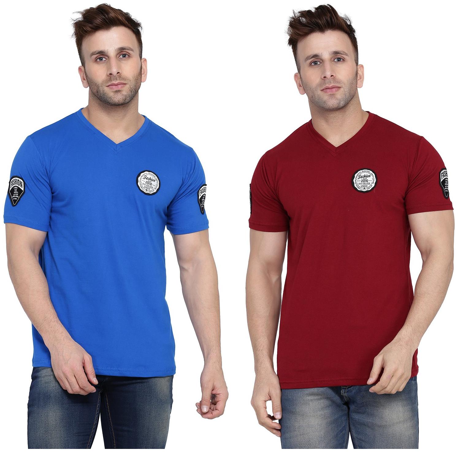

Geum Men Blue Maroon Slim fit Cotton Blend V neck T-Shirt - Pack Of 2