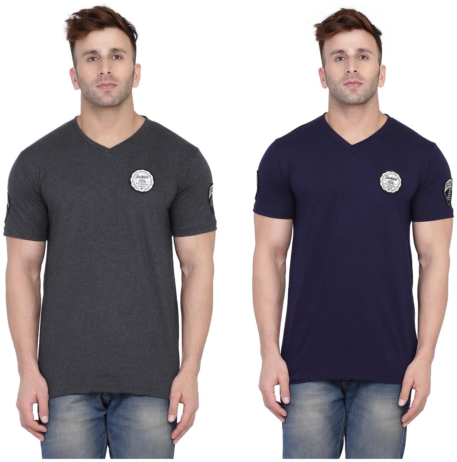 

Geum Men Grey Navy blue Slim fit Cotton Blend V neck T-Shirt - Pack Of 2