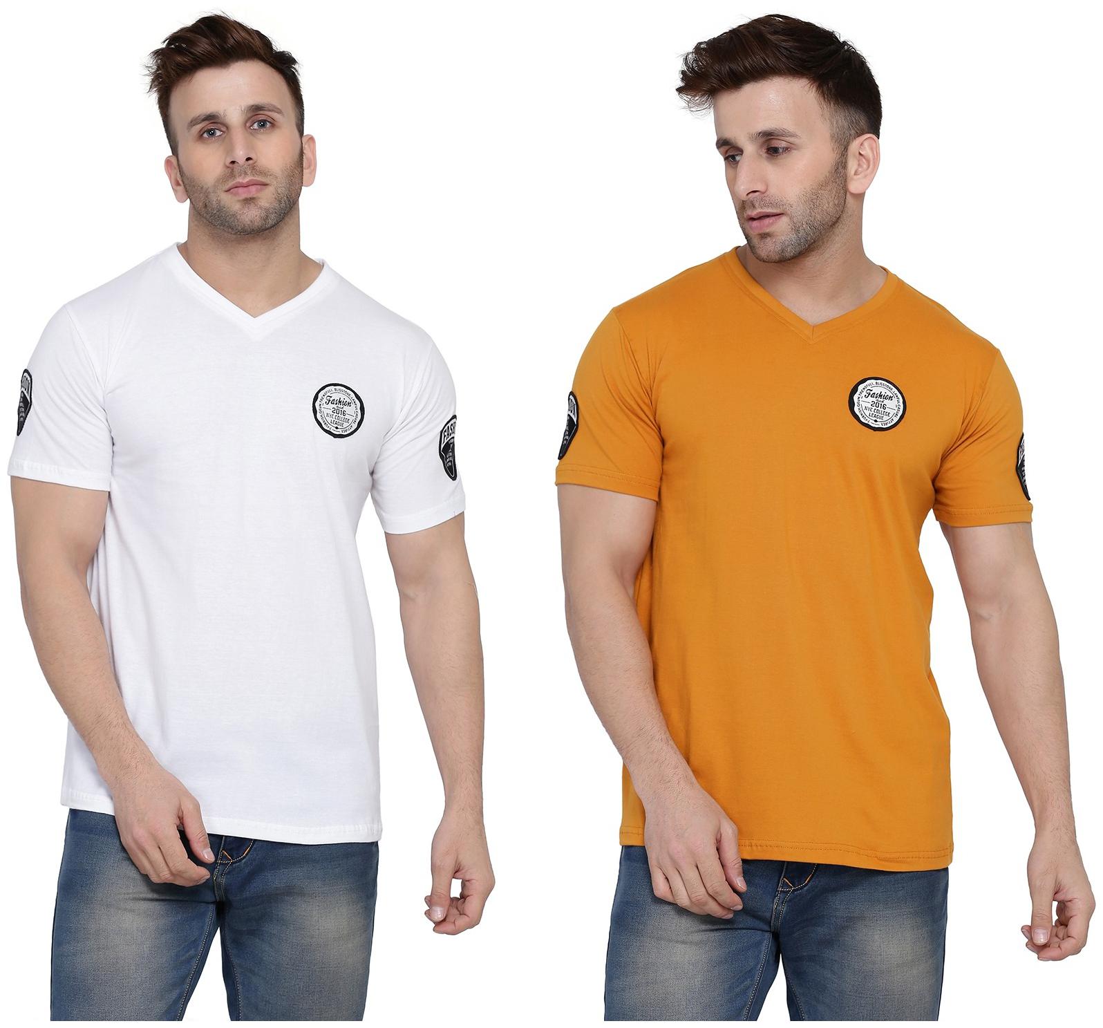 

Geum Men White Mustard Slim fit Cotton Blend V neck T-Shirt - Pack Of 2