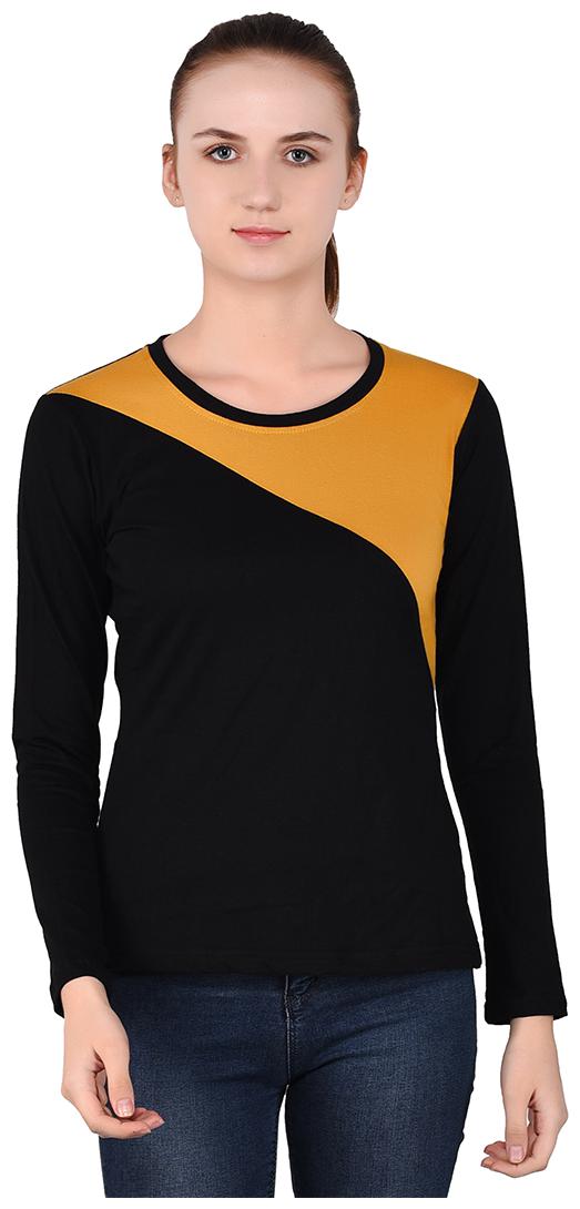 

Geum Women Yellow Black Regular fit Round neck Cotton T shirt