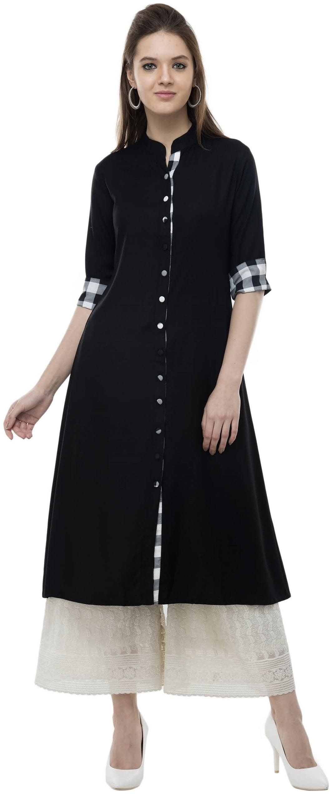 

G Fashions A Line Women Black Color Solid Straight Kurti for Office Meetings Fabric Rayon Sleeves 3 4th Sleeves