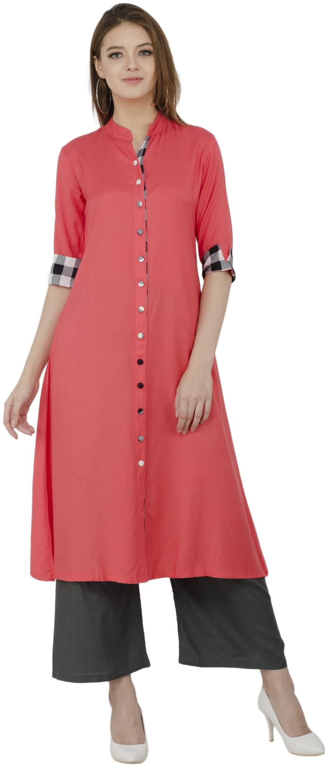 

G Fashions A Line Women s Red Color Solid Straight Kurti for Office Meetings Fabric Rayon Sleeves 3 4th Sleeves
