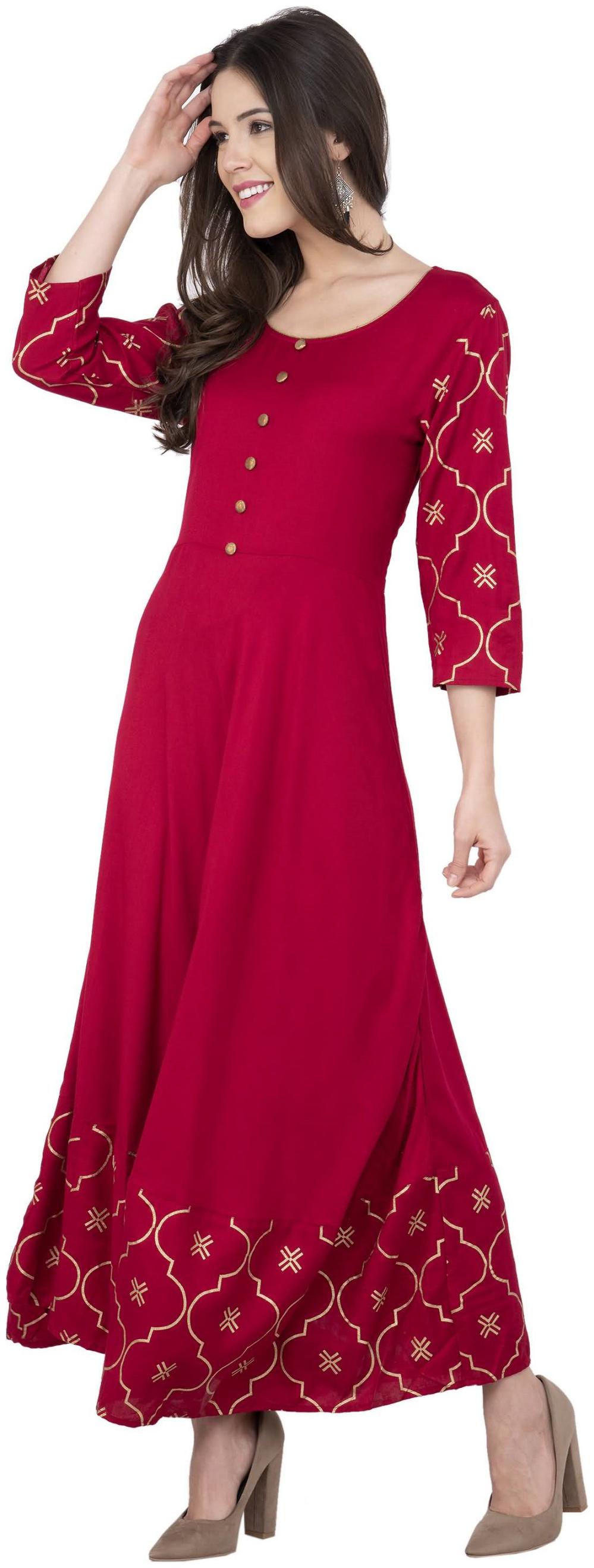 

G Fashions Latest Rayon Fabric Round Neck Maroon Color Printed Long Kurti with with Nicely Placed Buttons for Women s Fabric Rayon Sleeves 3 4th Sleeves