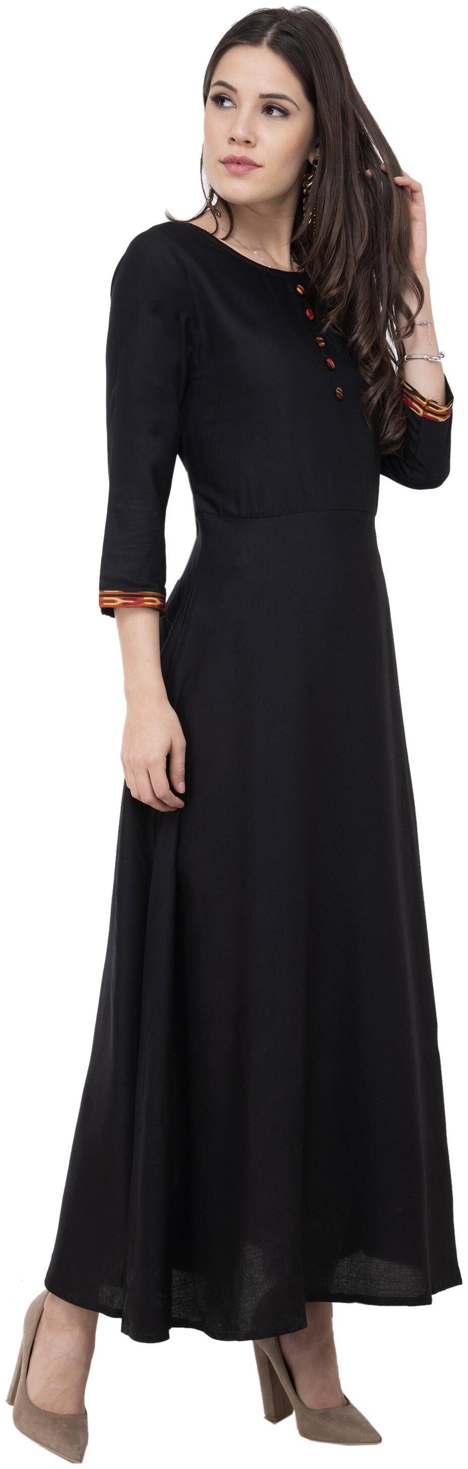 

G Fashions Latest Round Neck Black Color Rayon Plain Long Kurti with Buttons in Front for Women s Fabric Rayon Sleeves 3 4th Sleeves