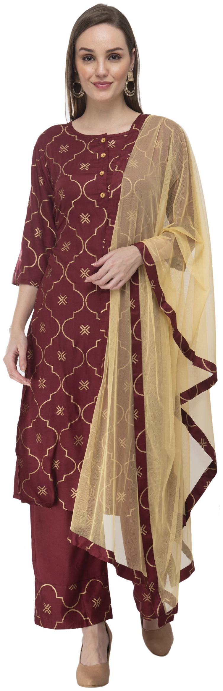

G Fashions Women Maroon Printed Straight Kurta With Palazzo And Dupatta