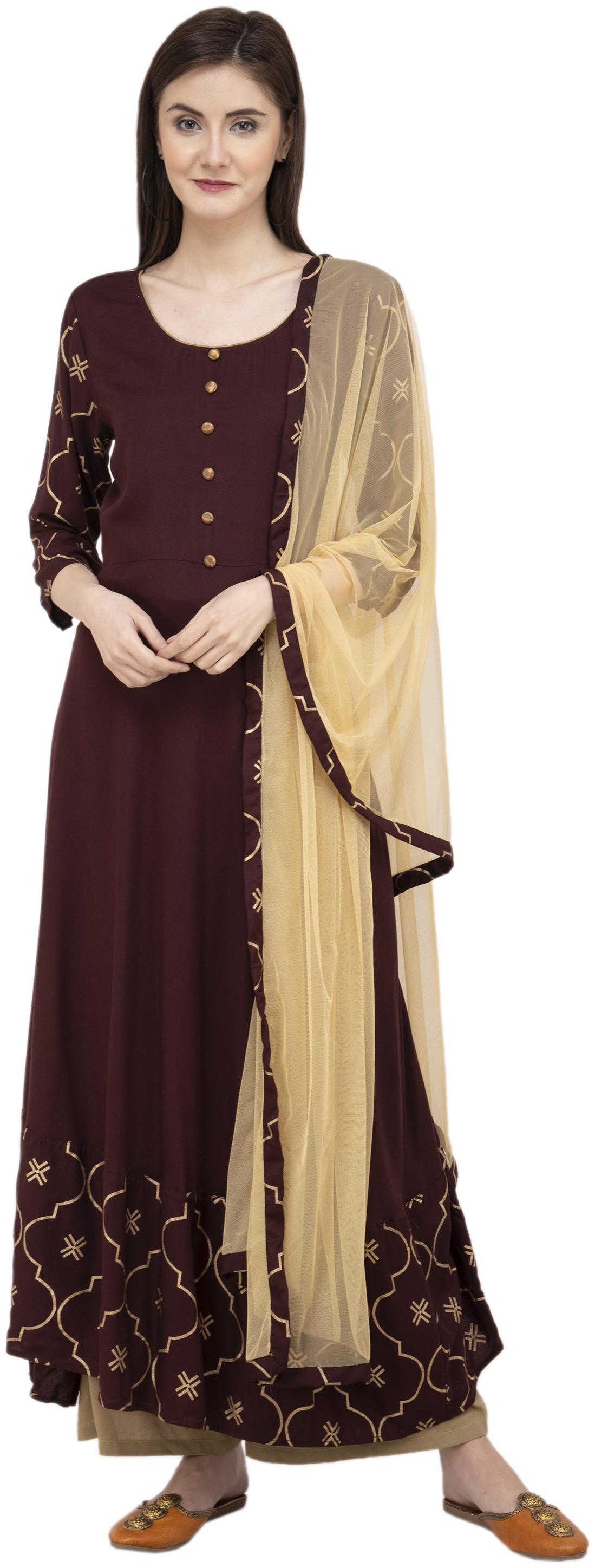 

G Fashions Women Brown Printed Layered Kurta With Palazzo And Dupatta