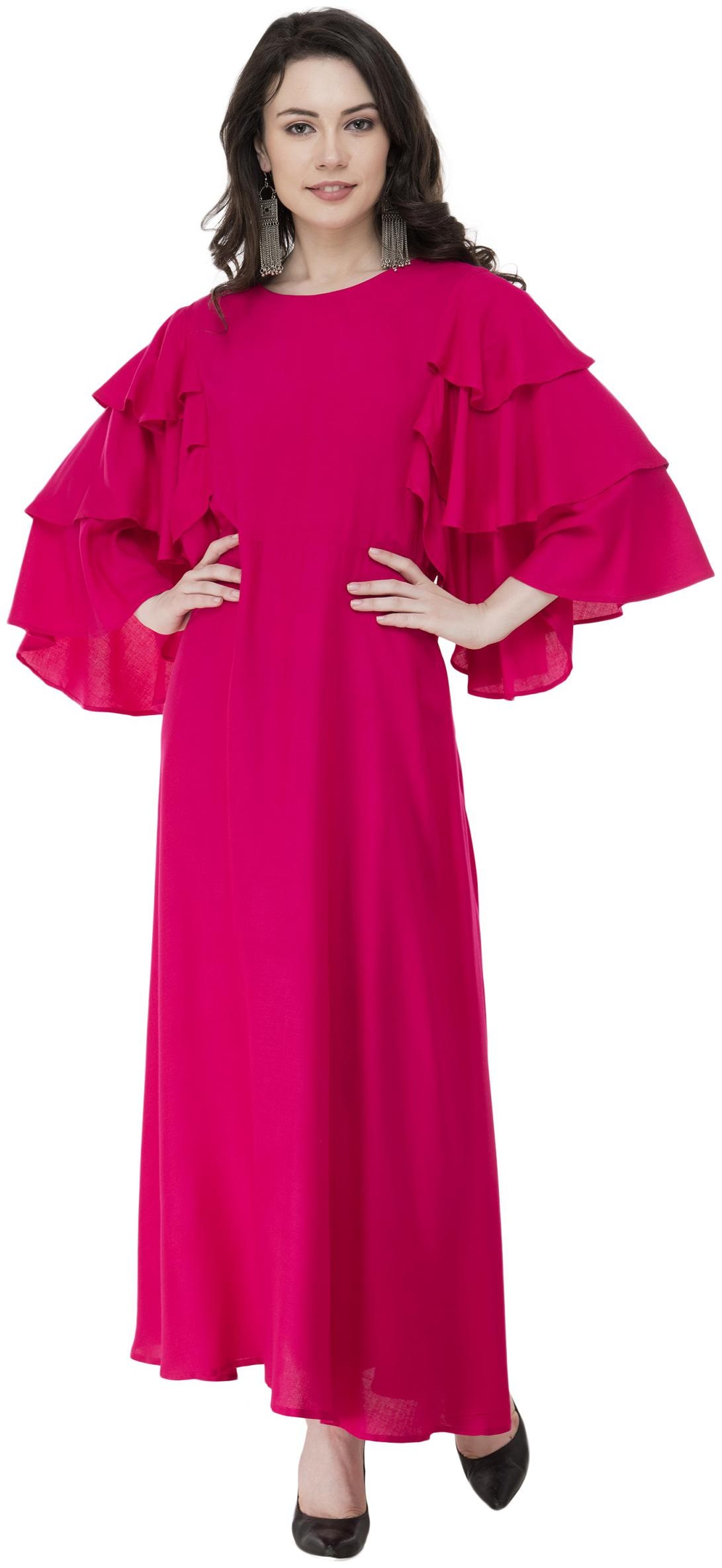 

G Fashions Pink Color Long Flared Kurti Dress for Ladies Fabric Rayon Sleeves 3 4th Sleeves