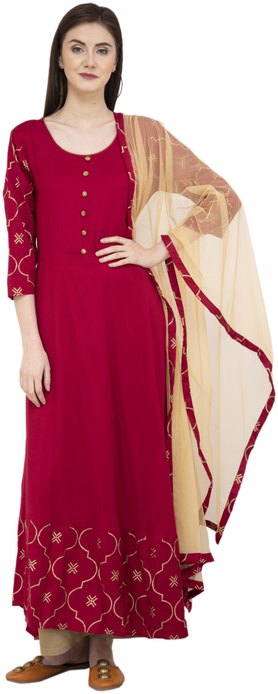 

G Fashions Women Brown Printed Layered Kurta With Palazzo And Dupatta