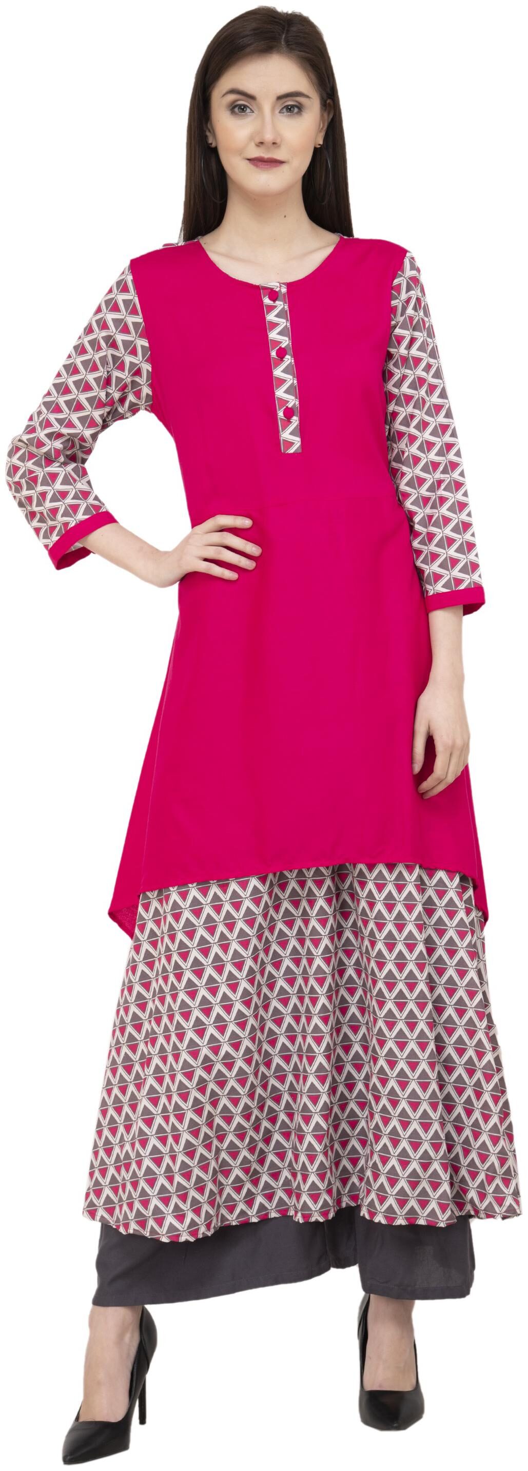 

G Fashions Multi Colored Double Layerd Long Kurti Fabric Rayon Sleeves 3 4th Sleeves