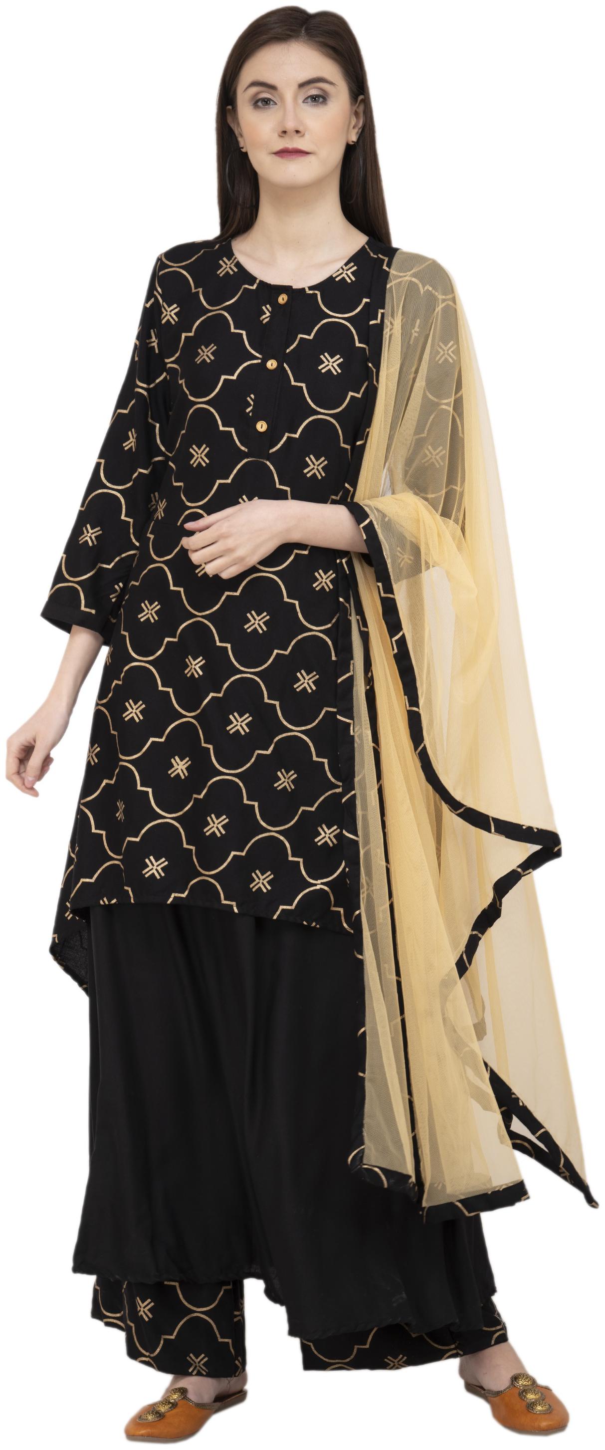 

G Fashions Women Black Printed Straight Kurta With Palazzo And Dupatta