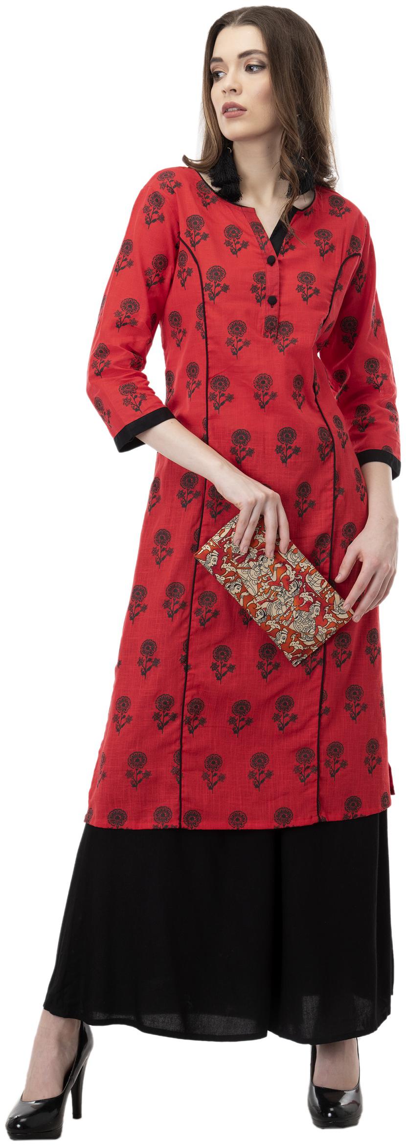 

G Fashions Red Color Printed Cotton Kurti for Women s Fabric Cotton Sleeves 3 4th Sleeves