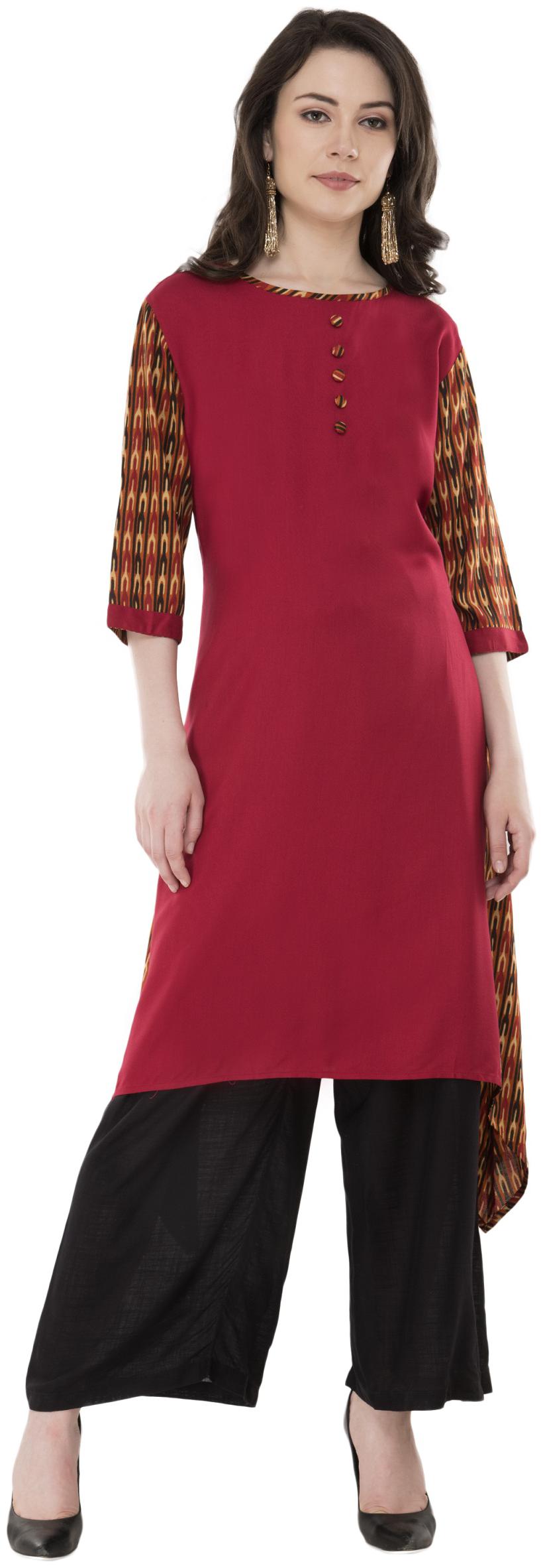 

G Fashions Red Color Straight Plain Formal Kurti Fabric Rayon Sleeves 3 4th Sleeves