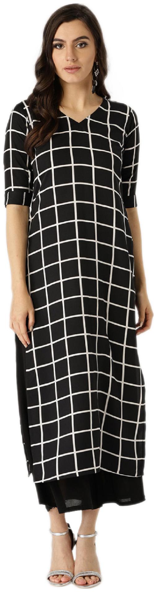 

Glampunch Women Black white Checkered Straight Crepe kurti
