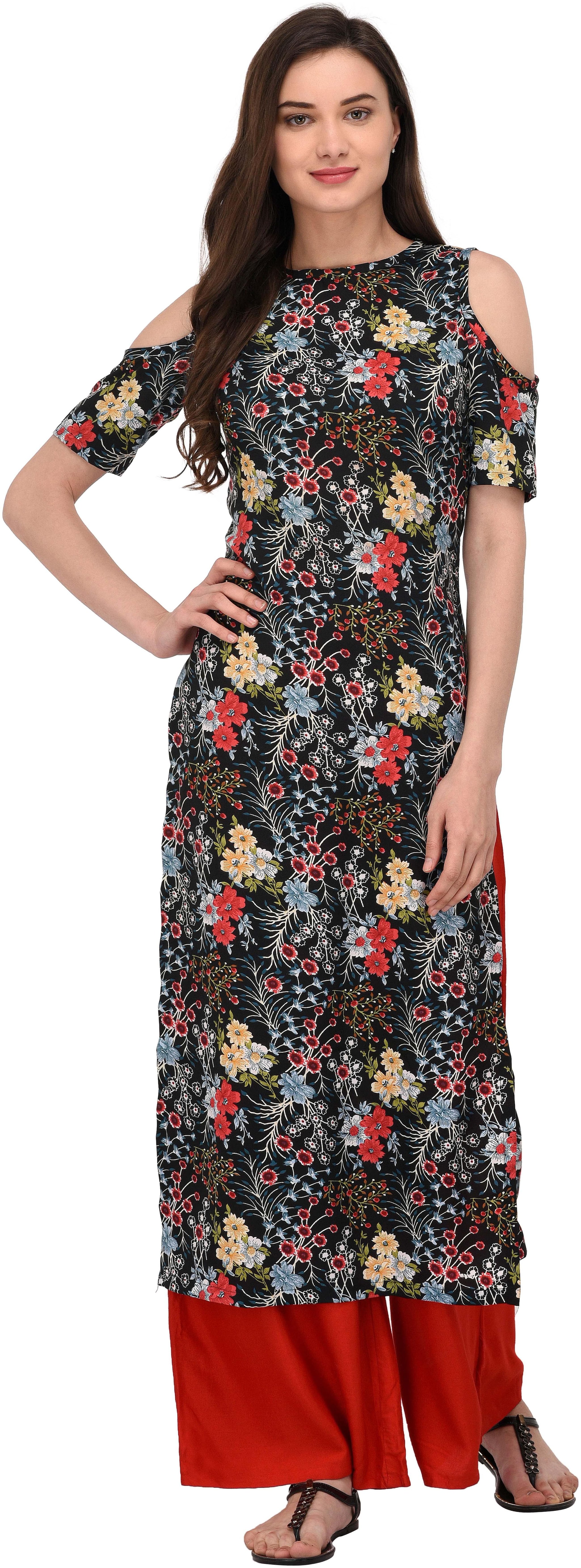 

Glampunch Women Floral Multicolor cold sleeve Crepe kurti