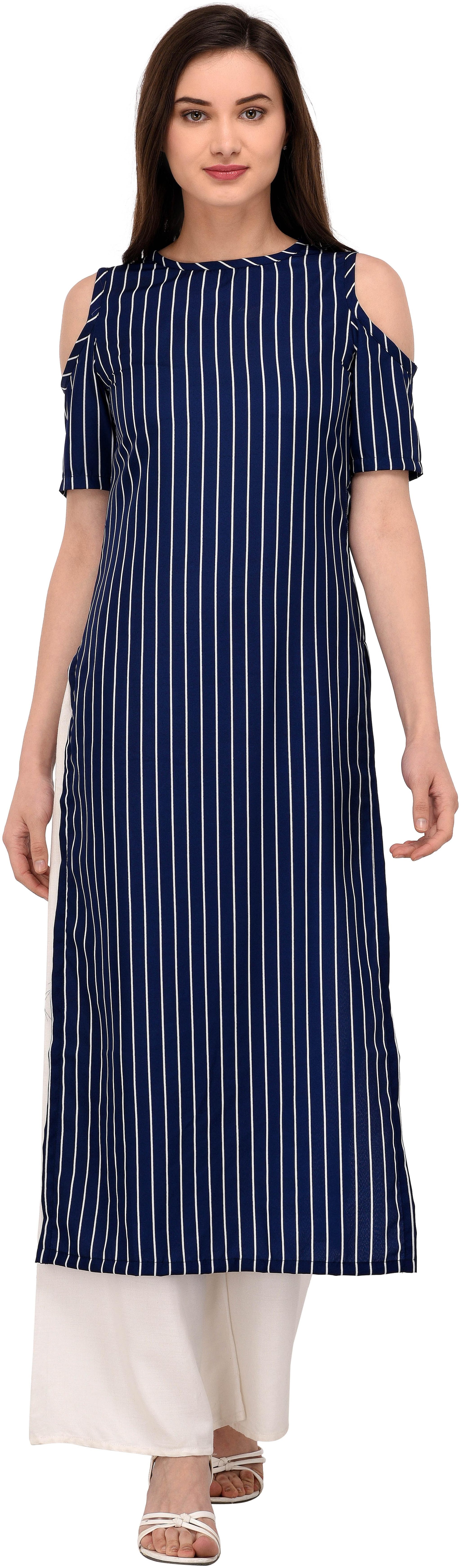 

Glampunch Women Blue Stripes Cold sleeves Straight Crepe Kurti