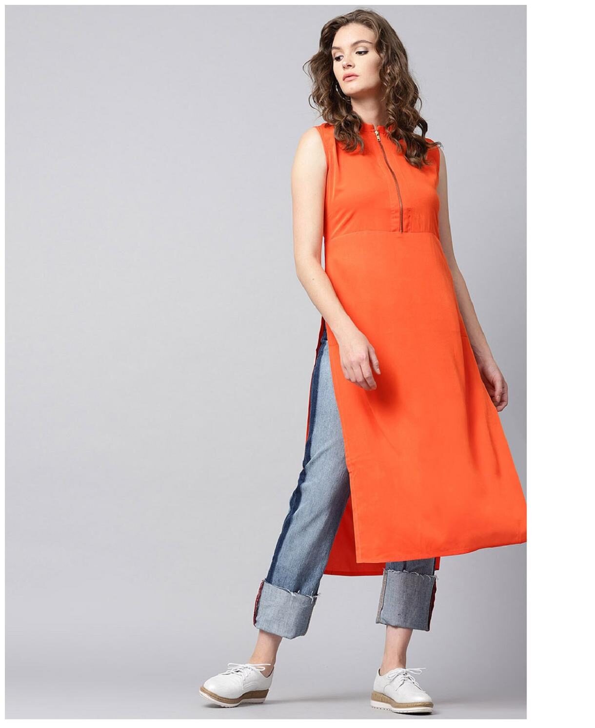 

Glampunch Women Orange Solid Crepe Elegant kurti