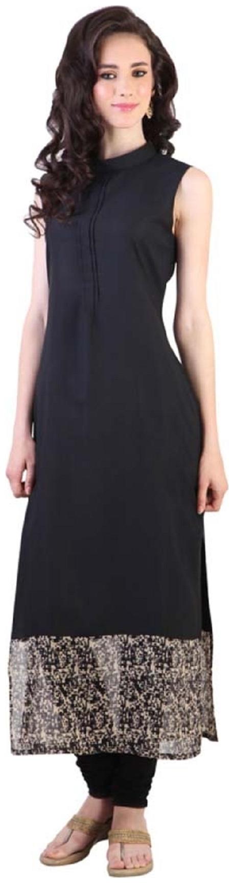 

Glampunch Women Black Printed Border Straight Crepe kurti