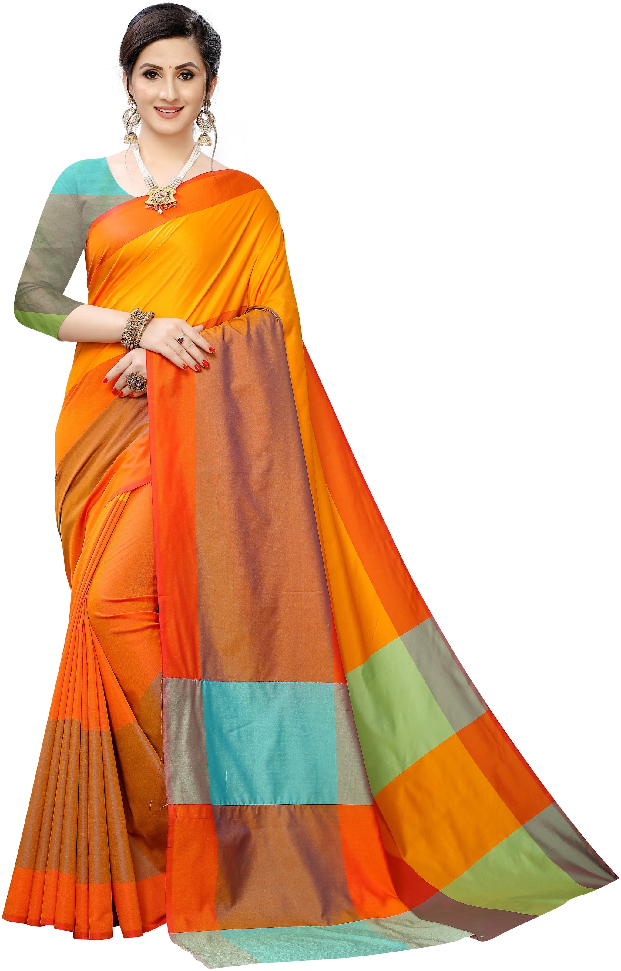 

GLAMRACK Artificial Silk Checkered Yellow Regular Saree For Women