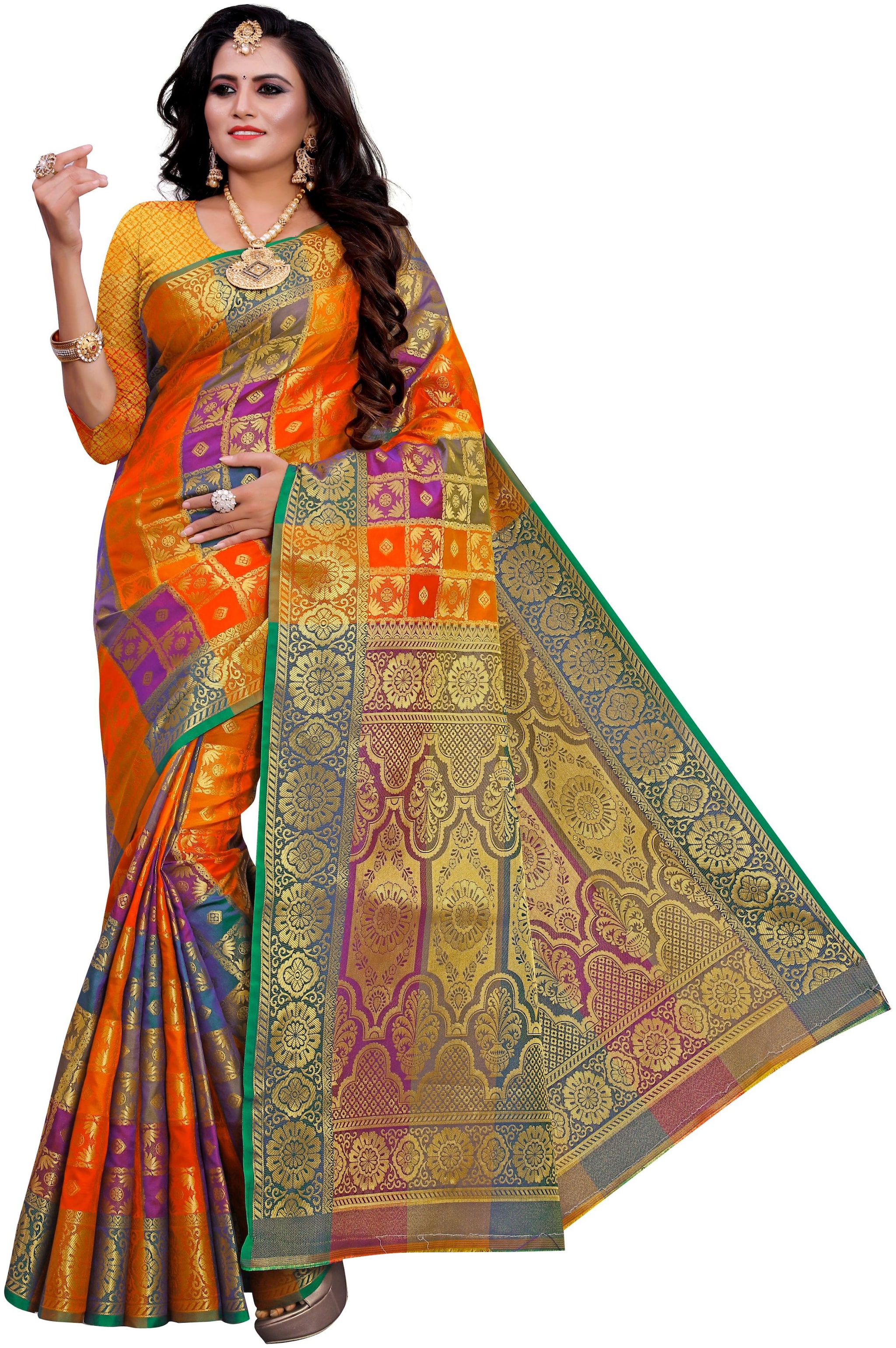 

GLAMRACK Orange Checkered Banarasi Designer Saree With Blouse With blouse